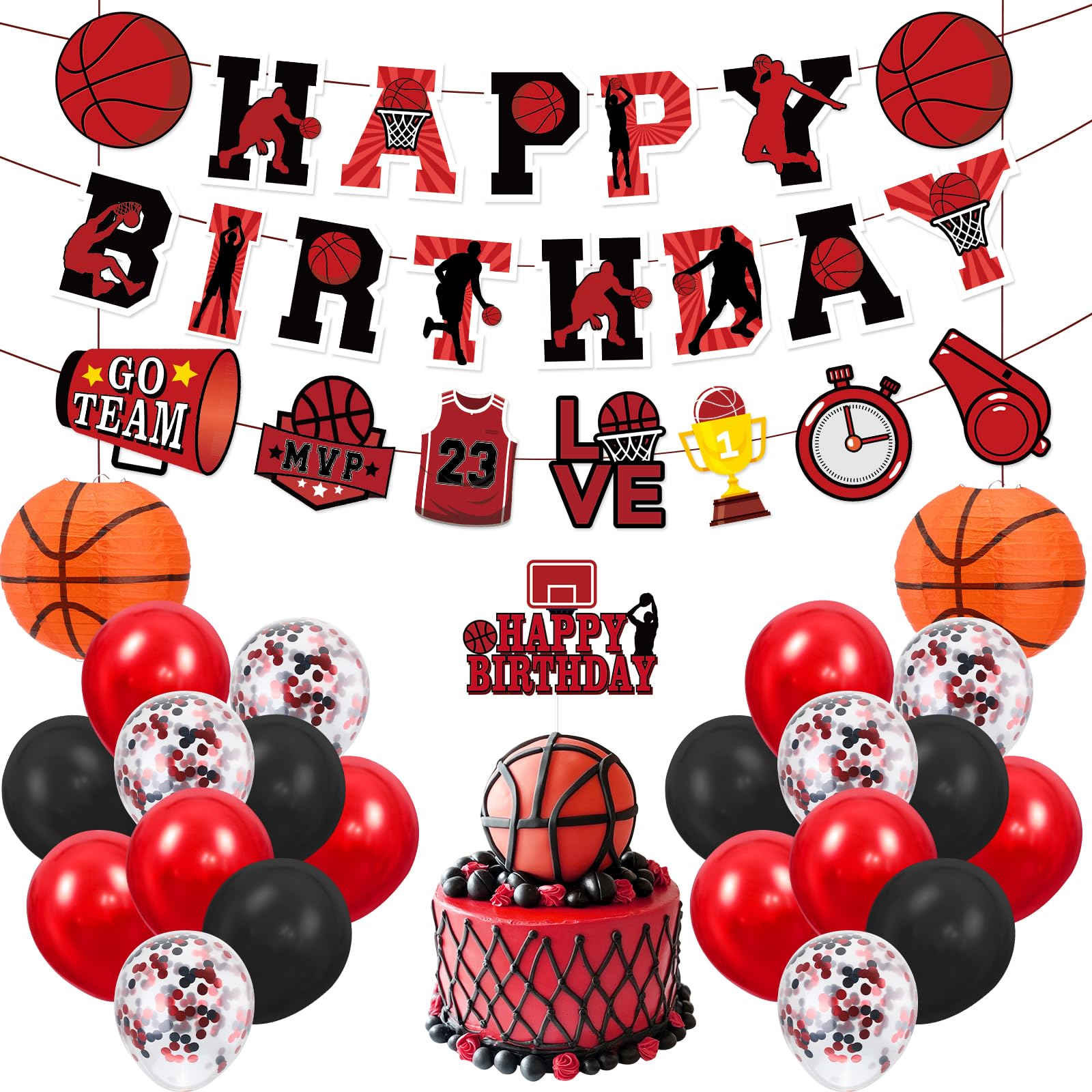 Basketball Party Decorations for Boys Men Black Red Basketball Happy Birthday Banner Balloons Arch Cake Topper Paper Lanterns Supplies for Sport
