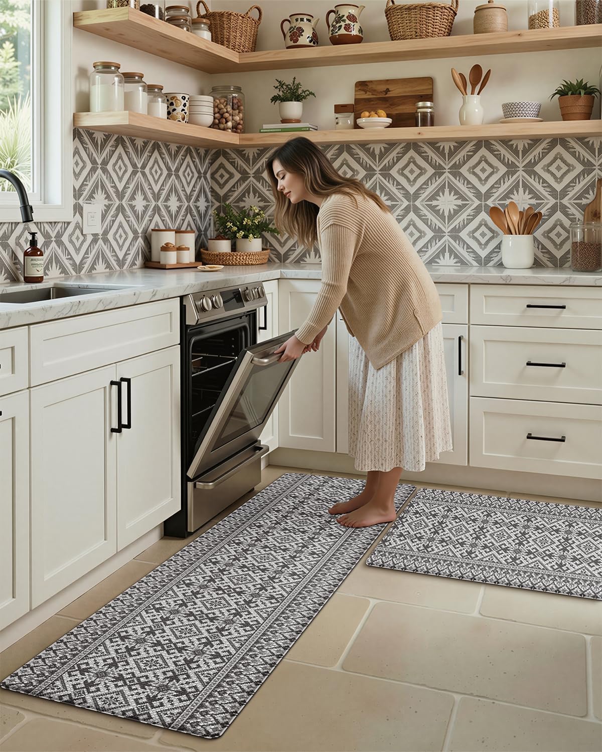 LUMI Anti-Fatigue Kitchen Floor Mats Set of 2,Cushioned Comfort Standing Rug Waterproof 2PCS, Non-Slip Ergonomic Foam Runner for Sink, Laundry, Office & Home,17x29+17x59,