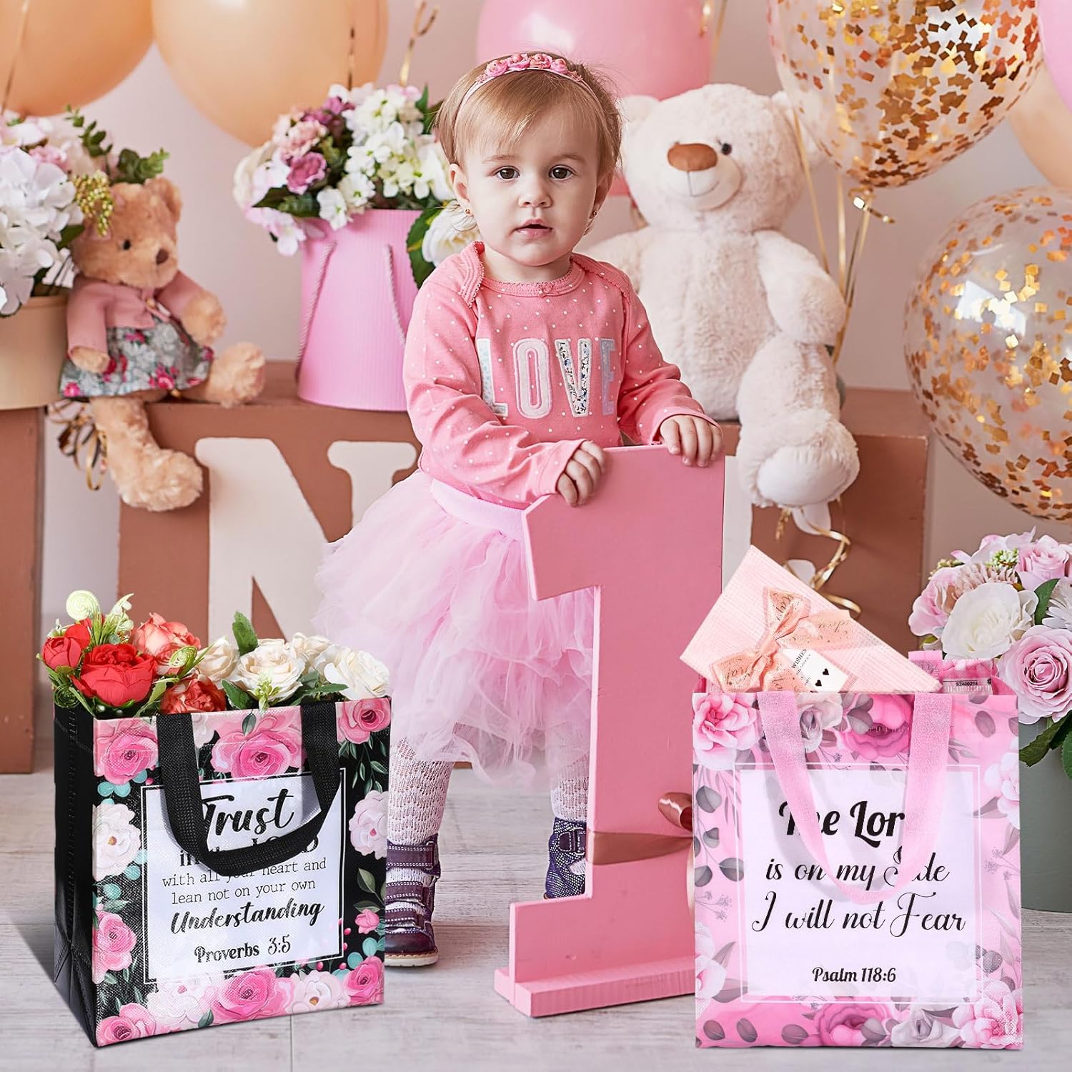 Riakrum 32 Pcs Religious Gift Bags Bulk for Women, Non Woven Christian Gift Bag with Handle, Reusable Flower Religious Baptism Bible Verse Tote for Catholic Theme Party Favors - Image 6