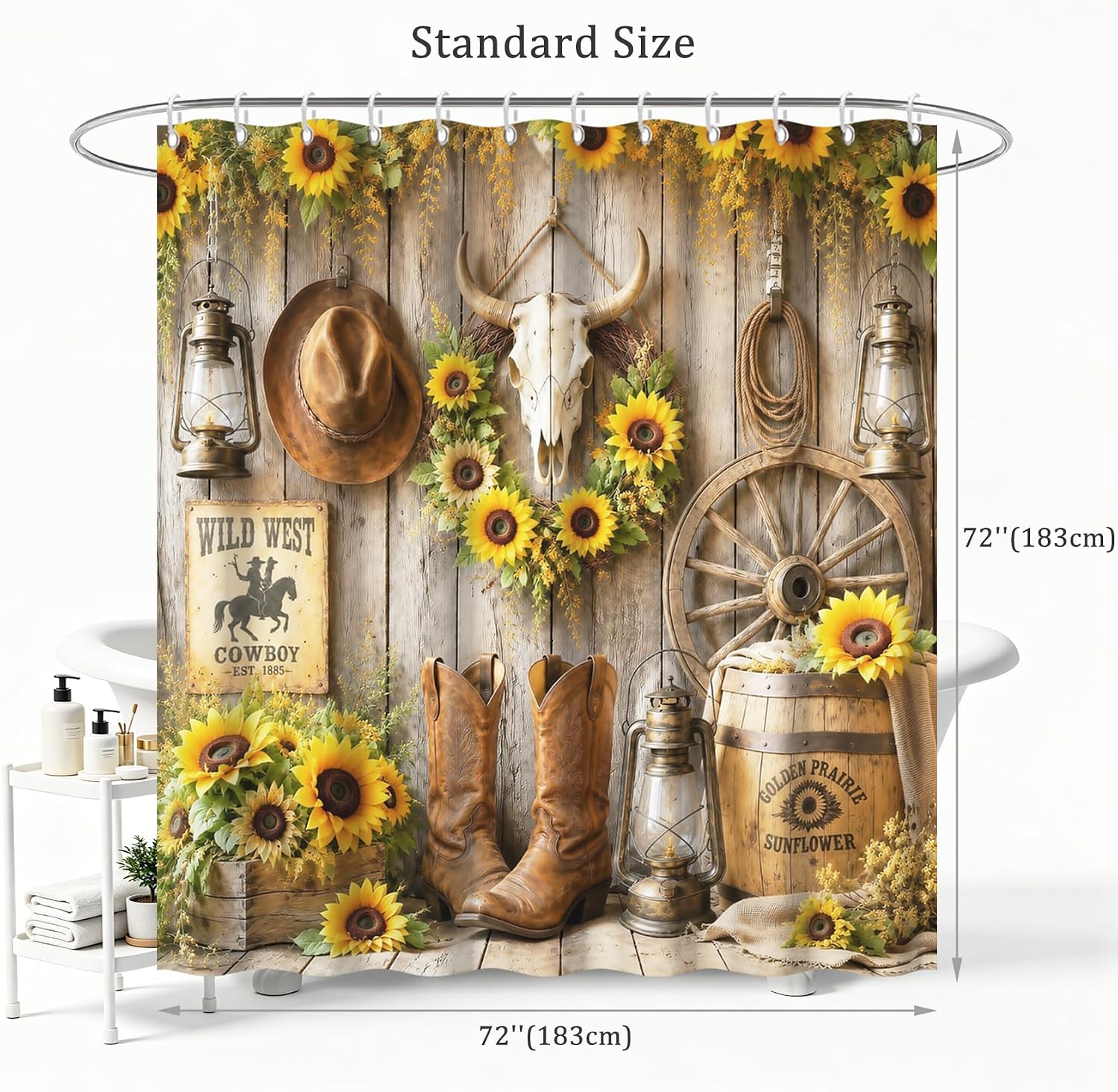 Wild West Cowboy Sunflower Shower Curtain, Bull Skull Hat Boots Lantern Wooden Wheel Waterproof Bathroom Curtain, Vintage Cabin Farm Fabric Bath Curtain for Bathroom Set with 12 Hooks 72"x72" image 2
