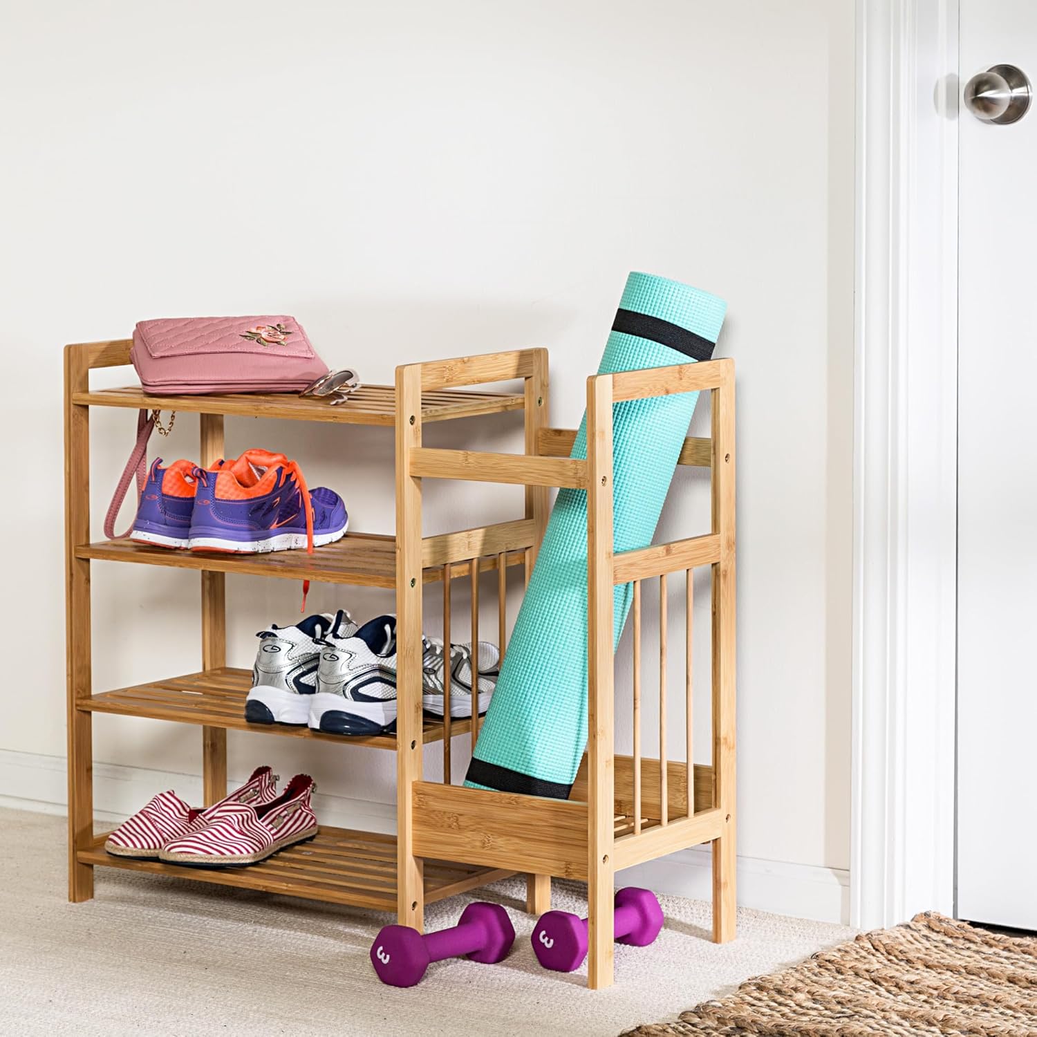 Honey-Can-Do Bamboo Entryway Organizer with 5 Coat Hooks and 3-Tier Shoe Rack – Multi-Purpose Hall Tree for Entryway & Mudroom – Natural Bamboo Storage Shelf for Bags, Hats, and Umbrellas