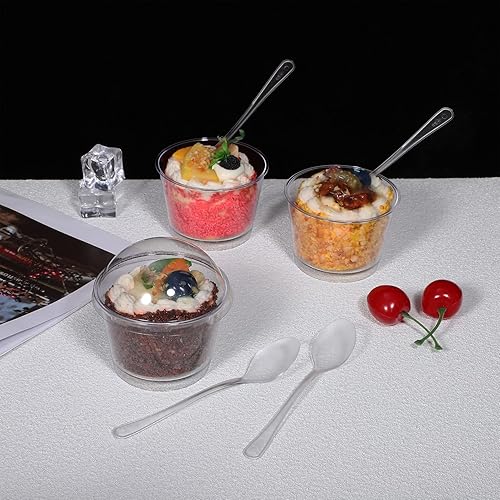 Miniatura 8 de UPKOCH Paquete de 50 tazas de postre con tapa y cuchara, tazas de parfait transparente de 5 onzas con cucharas, tazas redondas de aperitivo con