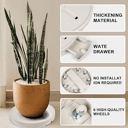 Miniatura 4 de Carrito para plantas de 15.7 pulgadas con ruedas, resistente, movible, redondo, rodante, soporte para plantas con ruedas invisibles y cajón de agua