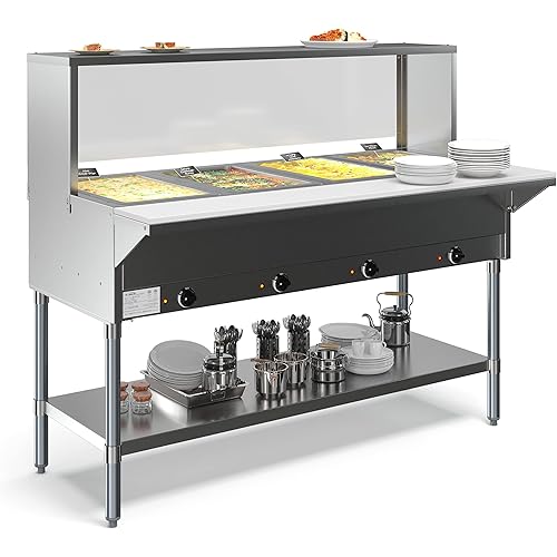 KoolMore 4-Pan Open Well Commercial Electric Stainless Steel Steam Table Food Warmer for Buffets with Sneeze Guard, Overshelf, Undershelf, Warming Control Knobs [120V] (KM-OWS-4SG), Silver