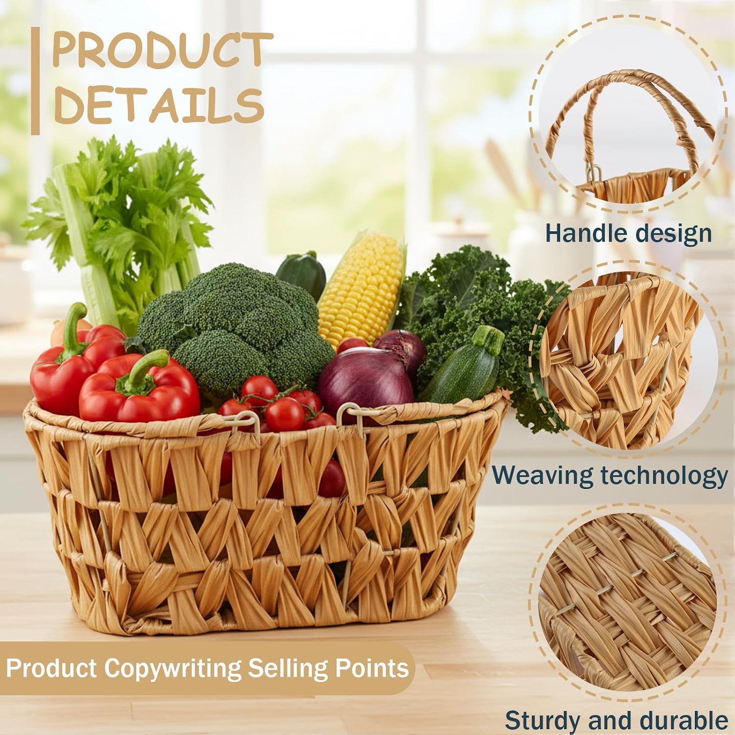 Farmhouse Egg Basket,Large Egg Collecting Basket with Handle,Wicker Basket,Egg Basket for Gathering and Carrying Fresh Eggs,Kitchen Storage Container Chicken Egg Holder Countertop
