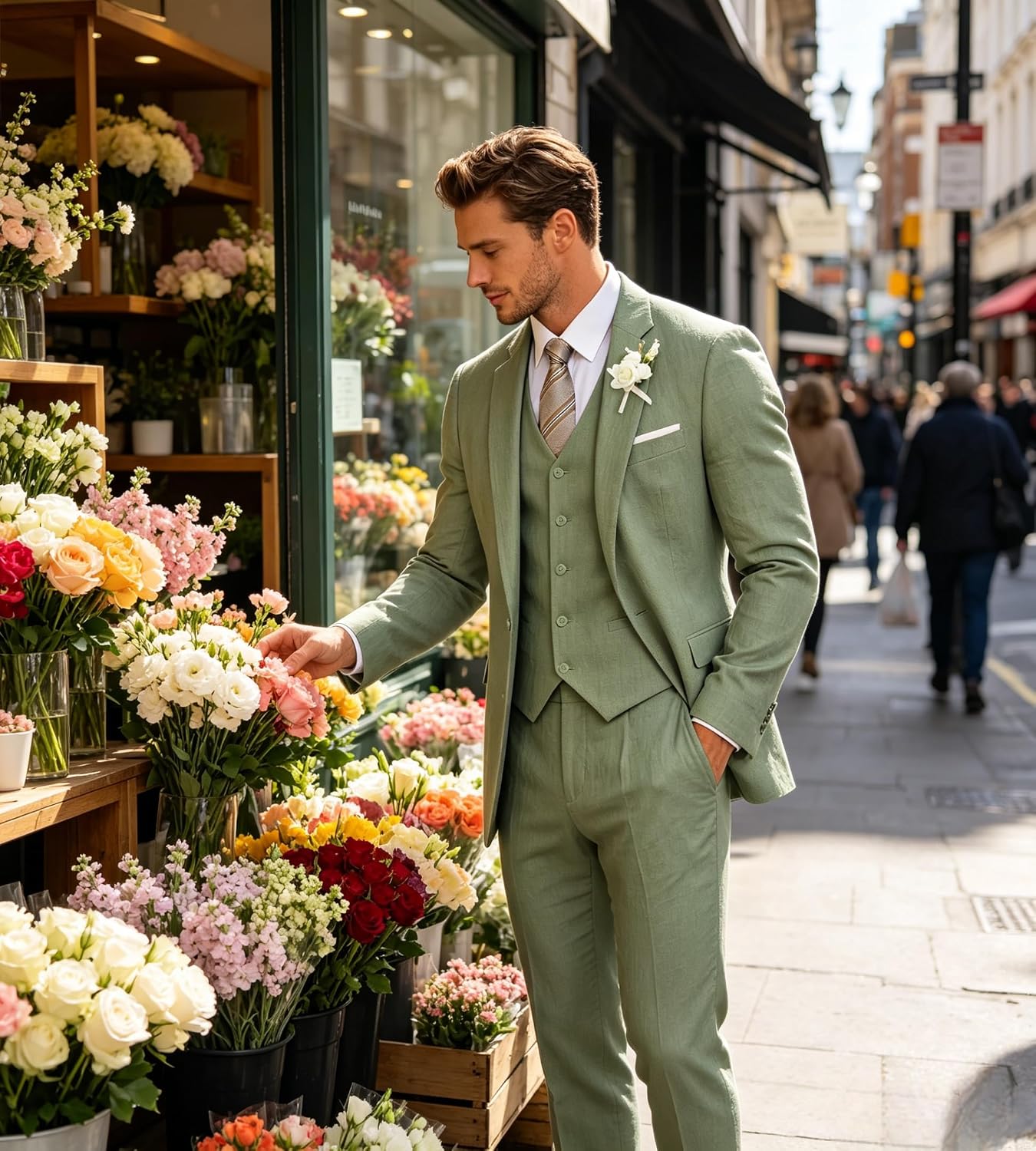 Men’s Linen Suit Summer Casual Suit for Men Retro Slim fit 3 piece Lightweight Beach Blazer Vest Pants for Wedding Prom
