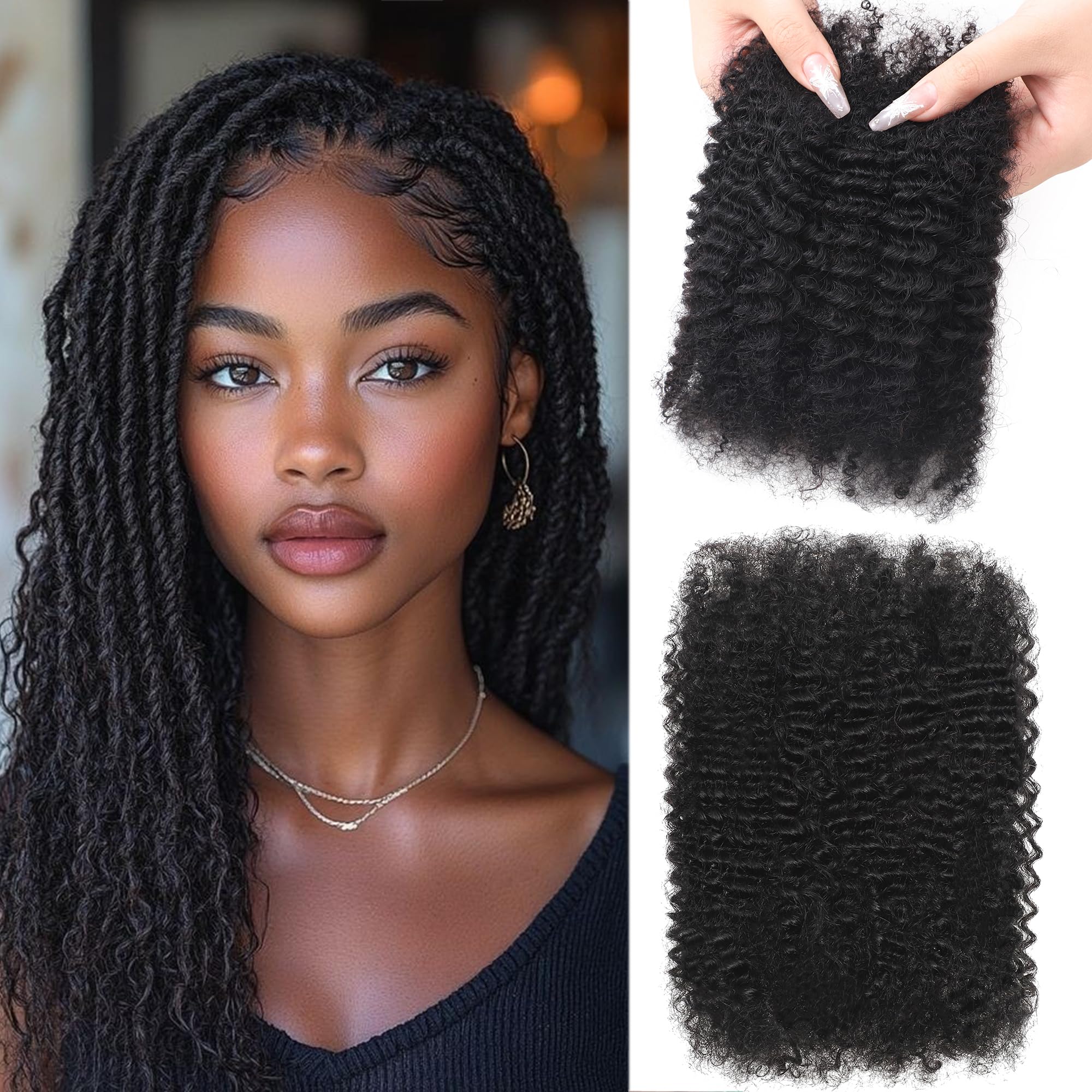 Afro Kinkys Human Hair Bulk 30g/Pack Natural Black 100% Human Hair Soft 4C Afro Kinky Bulk Human Hair for Locs Extensions/Twists/Braids (Natural Black