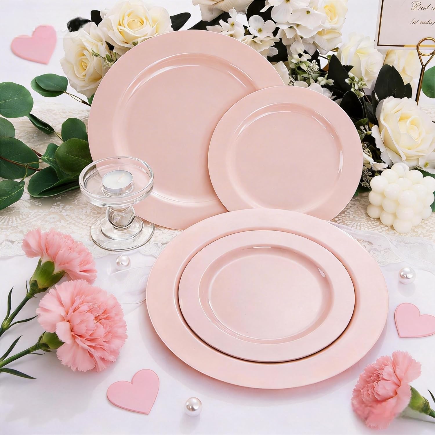 FLOWERCAT 60PCS Pink Plastic Plates - Heavy Duty Pink Plates Disposable for Spring Party&Mother's Day/Wedding - serving 30 guests Include 30PCS 10.25inch & 30PCS 7.5inch