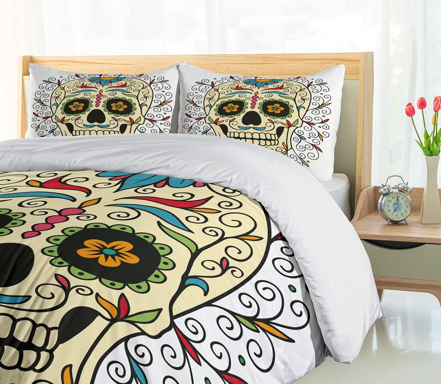 Ambesonne Sugar Skull Duvet Cover Set, Catrina Calavera Featured Ornaments Macabre Remember The Dead Theme, Decorative 2 Piece Bedding Set with 1 Pillow Sham, Twin Size, White Ivory