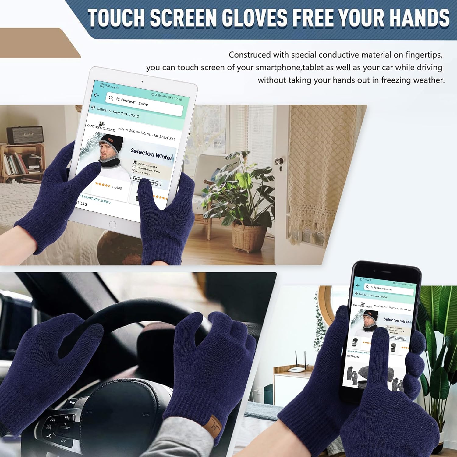 Winter Beanie Hat Scarf Touchscreen Gloves Set for Men and Women, Beanie Gloves Neck Warmer Set with Warm Knit Fleece Lined - Image 4