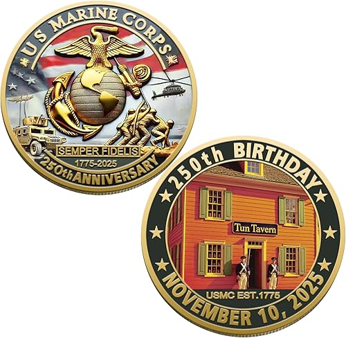 U.S.A 250th Anniversary Challenge Coin – 1775-2025 Double-Sided U.S. Military Commemorative Coin 1.77" Marine Corps Collectible – Patriotic Veteran Keepsake Gift (Tun Tavern in Philadelphia)