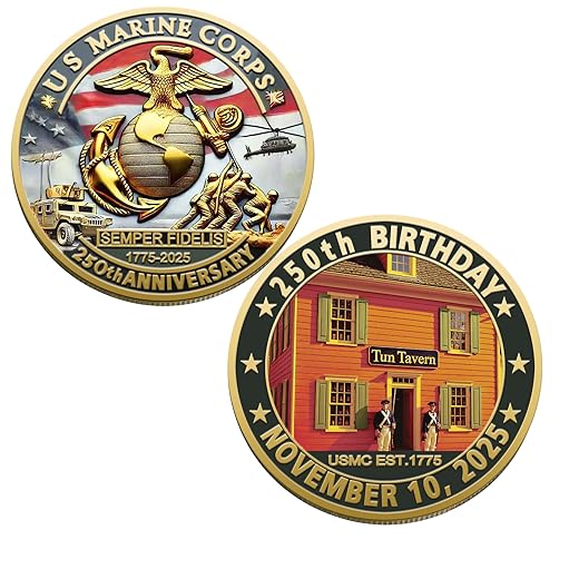 USMC 250th Anniversary Challenge Coin – 1775-2025 Double-Sided U.S. Military Commemorative Coin 1.77" Marine Corps Collectible – Patriotic Veteran Keepsake Gift (Tun Tavern in Philadelphia)