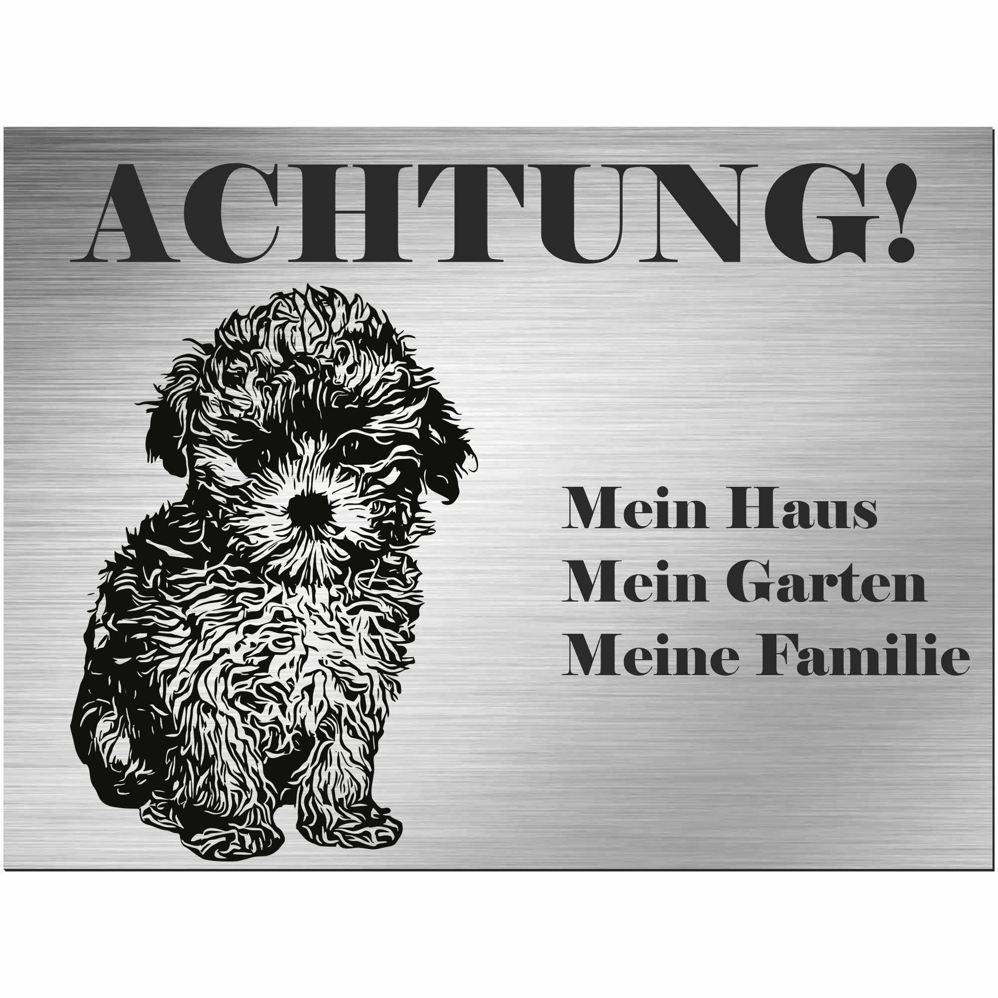 INDIGOS UG – Maltipoo – Targa stampata – Attenzione Mein Haus mein Garten meine Familie – Alu-Dibond – 60 x 40 cm – Scritta – Idea regalo – Cane – Recinzione – Targa per porta