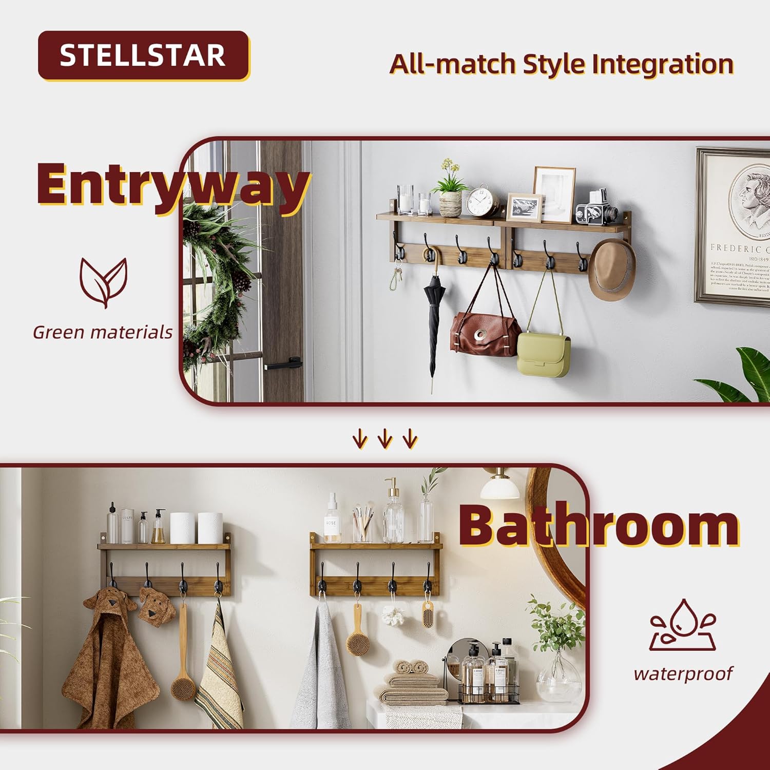 STELLSTAR Coat Rack with Shelf Wall Mount, Entryway Bamboo Hanging Shelf, Set of 2, Wall Hook Rail for Hallway Décor, Storage Clothe, Hat, Robe, Key, Dog Leash (Walnut)