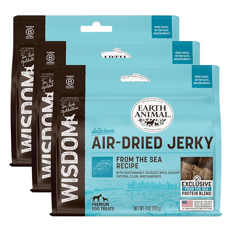 Petisco de carne seca para cães Earth Animal Wisdom Air Dried Jerky From the Sea, 3 pacotes de 113 g