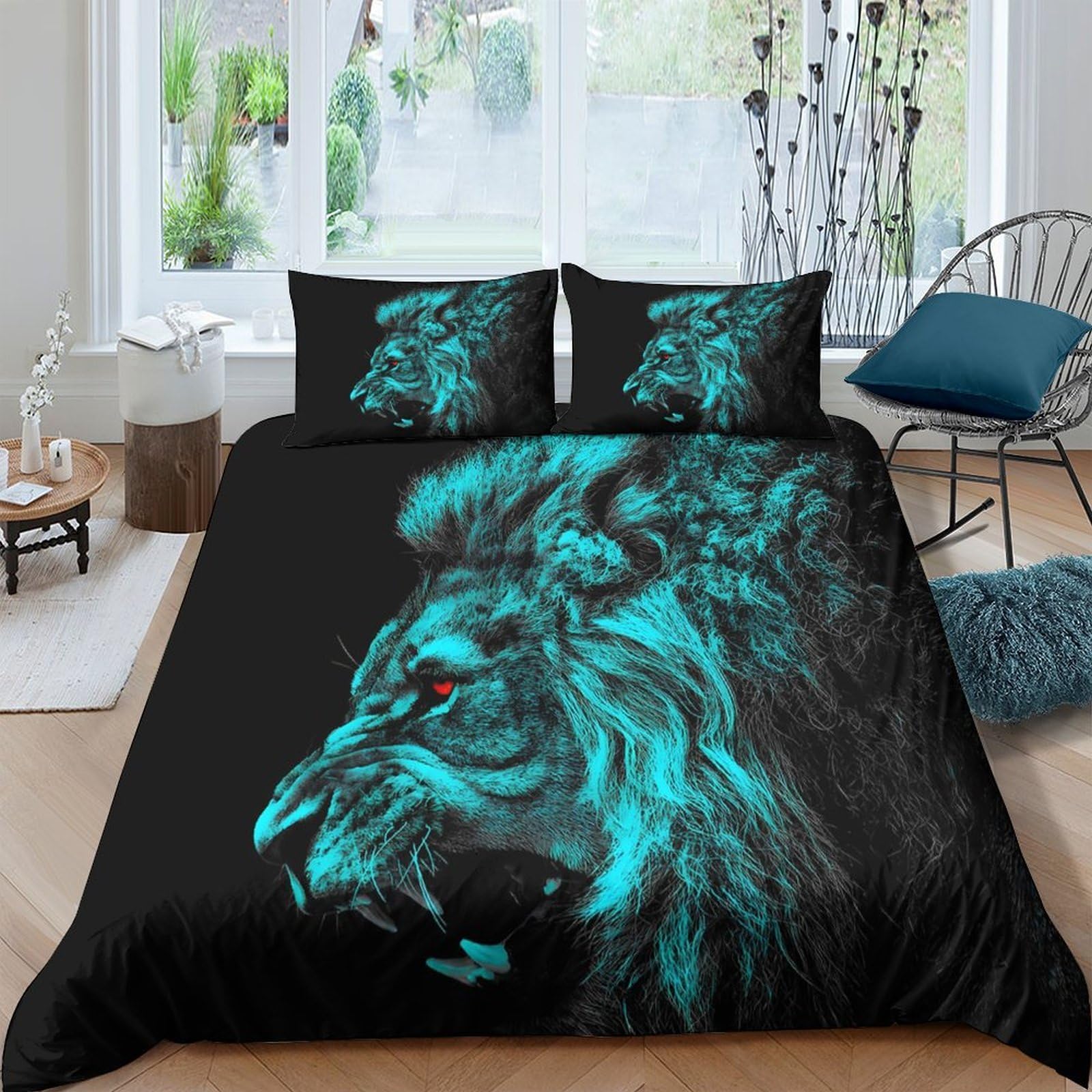 Ctjqhvkz Style-10 3D Printed Neon Lion Fitted Sheet Microfiber Soft Black Blue Wild Animal Bed Cover For Bedroom Dorm Mattress Protection Decor Single（135X200cm）
