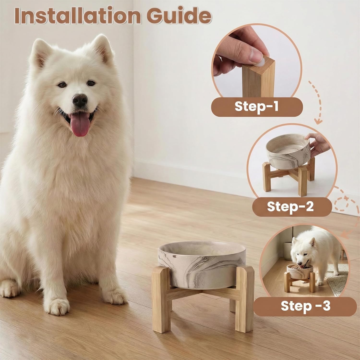 hjn Elevated Ceramic Dog Bowl with Bamboo Stand, Raised Pet Feeding Station for Small Medium Dogs Cats, Modern Design with Anti-Slip Base (Marble Brown, 7.6Cup)