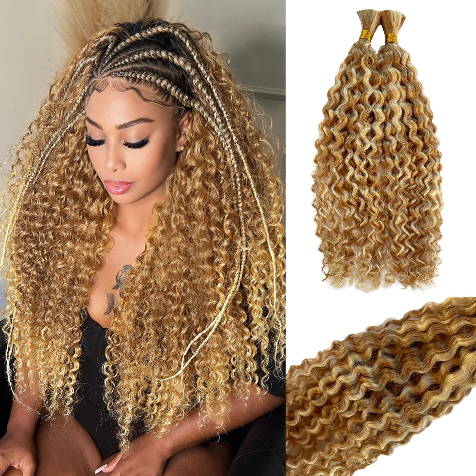 Highlighted Human Braiding Hair 24 Inch Water Wave Bulk Human Hair for Braiding No Weft 100% Unprocessed Ombre Blonde Curly Micro Human Hair Braiding