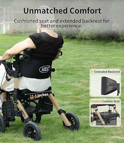 Vista 3 de VOCIC Andadores para personas mayores, andador con ruedas con asiento, silla de ruedas transportable ligera plegable, andador rodante para adultos