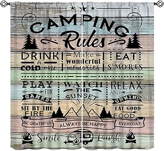RV Camper Window Curtains Retro Farmhouse Camping Rules Quote Window Treatments for Travel Trailer Rustic Cabin Country Happy Camp Drapes for Kitchen Living Room Bedroom W42xL45in(Decor)