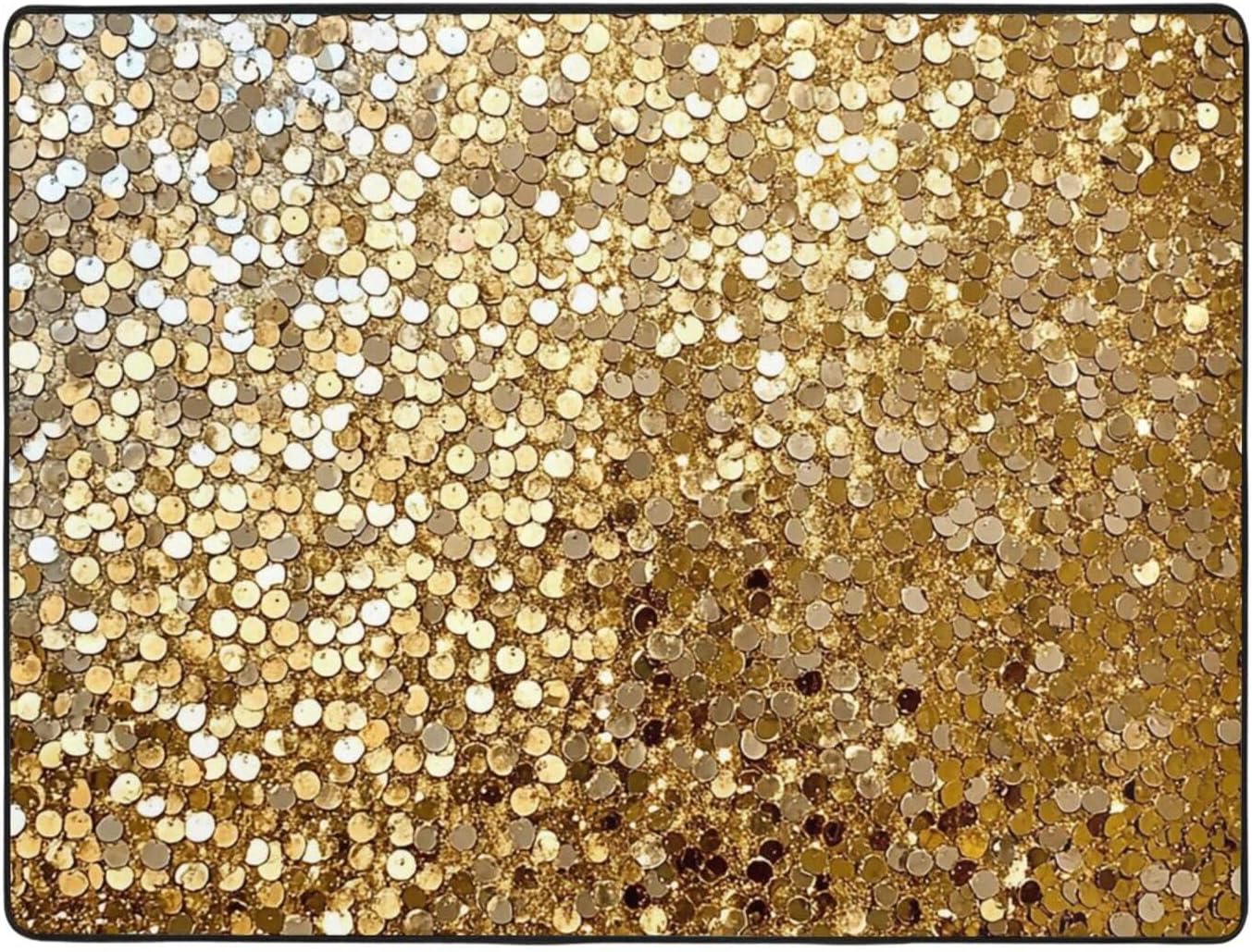 Area Rug 63x48 inch Non Slip Floor Mats Large Gold Sequin Sparkle Rugs for Living Room Doormat Vintage Indoor Carpet Rug Ultra Soft Floor Carpet Washable Rugs for Bedroom Dining Room