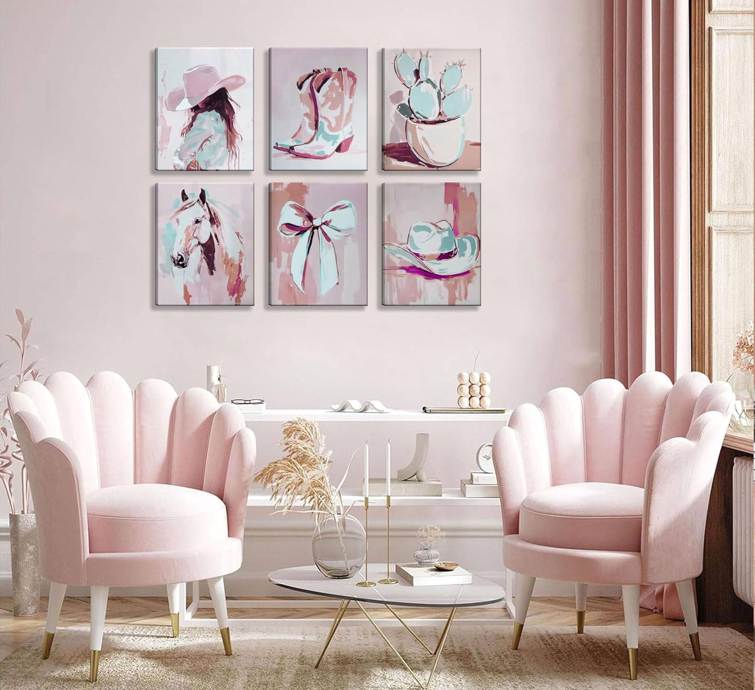 6Pcs Pink Western Cowgirl Canvas Wall Art Coastal Cowgirl Horse Bow Posters Prints Trendy Preppy Room Wall Decor Pictures for Living Room Bedroom Home Decoration 8x10in Prepare to hang