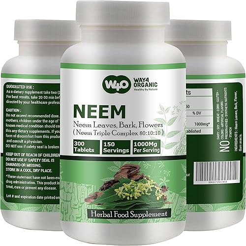 Neem Triple Complex - Tabletas de Azadirachta Indica de alta potencia, hojas de neem, corteza, flores en proporción (801010) - 300 tabletas, 150