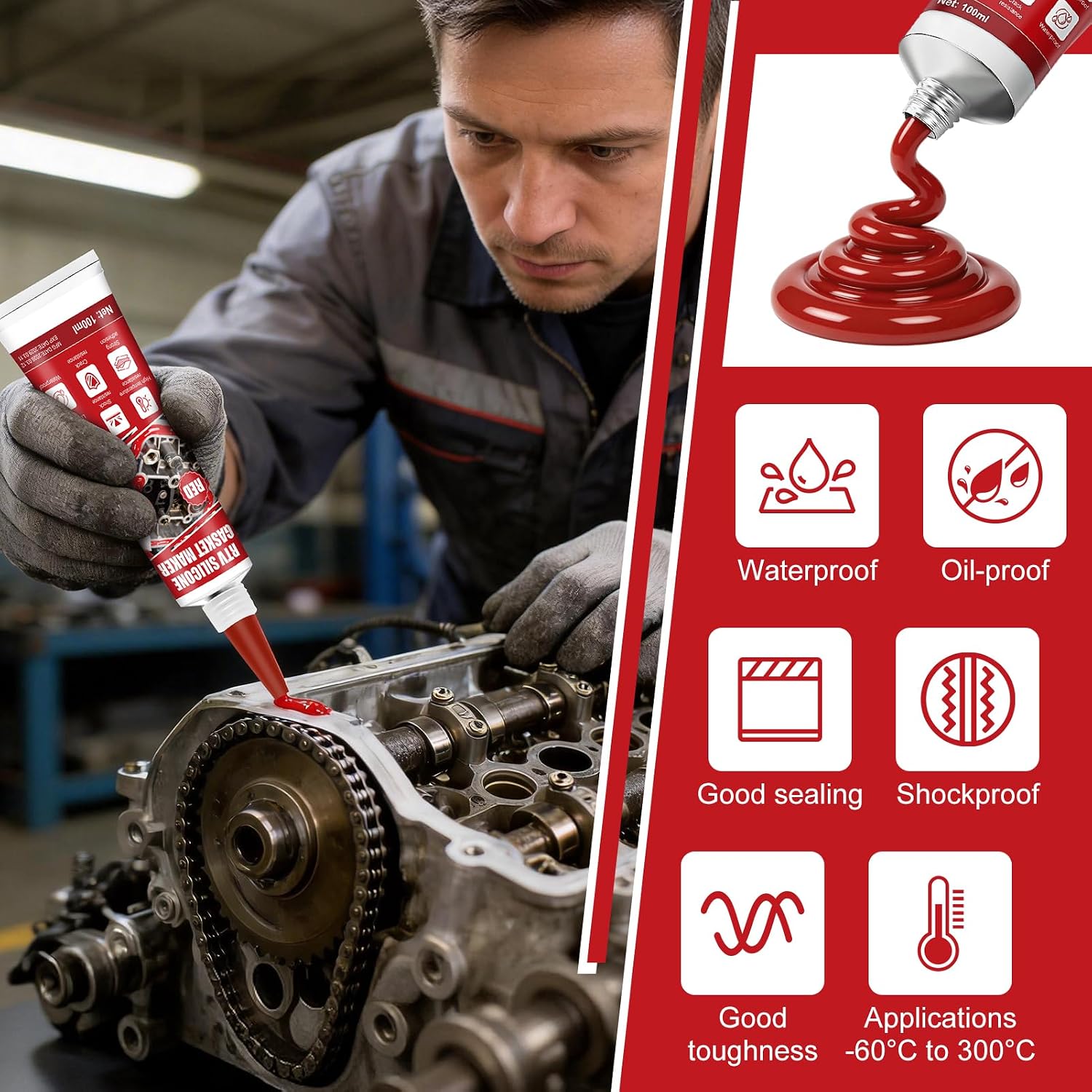 Red RTV Gasket Maker High Temp Resistant Shockproof Leak Proof | High Temp RTV Silicone for Engines Transmissions Turbochargers Various Types of Gaskets, 100m