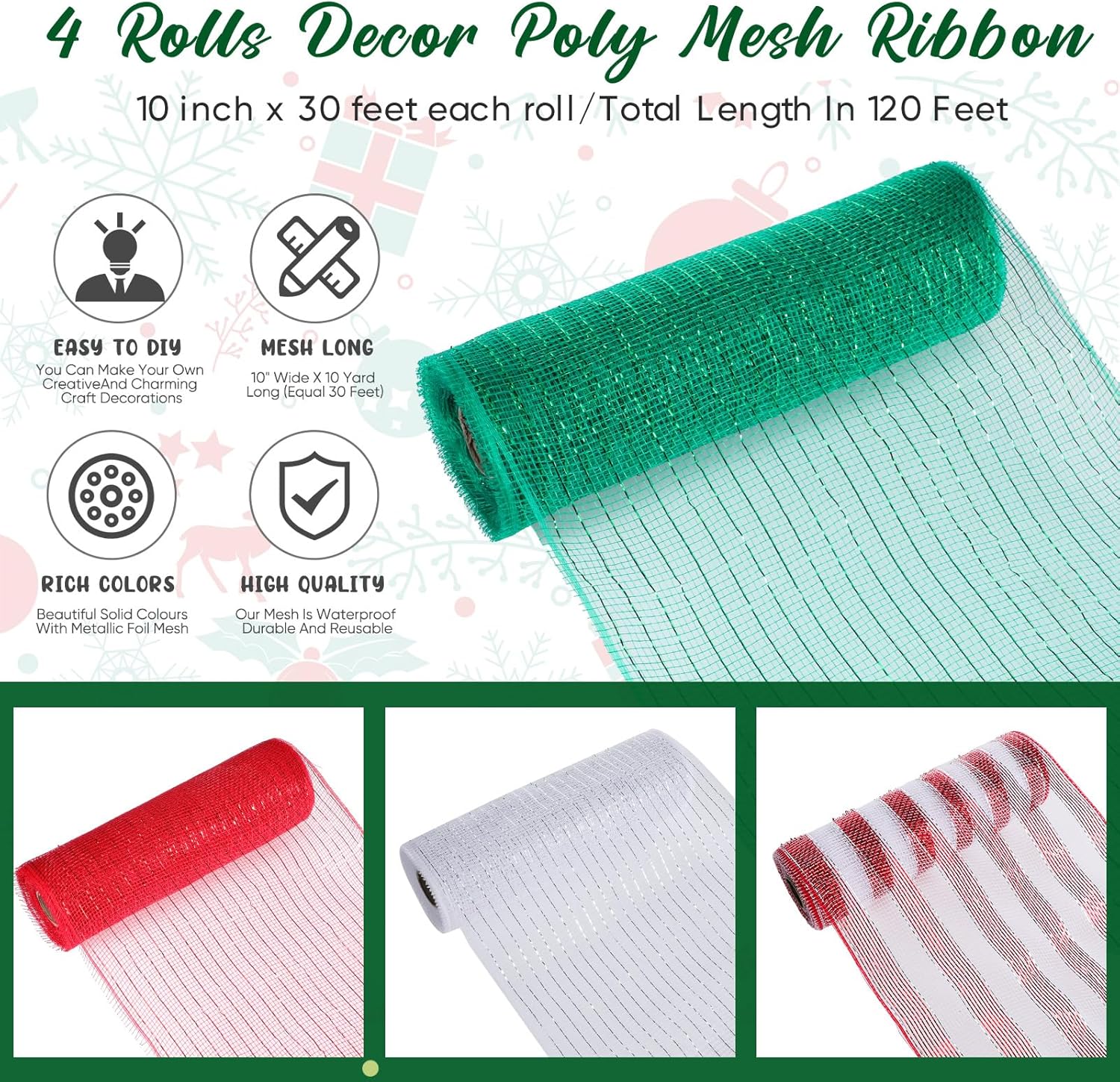 Funtery 4 Rolls 40 Yard Christmas Deco Mesh Decorative Mesh Ribbon Roll with Chenille Stem and Clear Zip Ties for Wedding Valentine Bouquet Wreath Xmas Tree Garland Swag Craft(Novelty Colors)