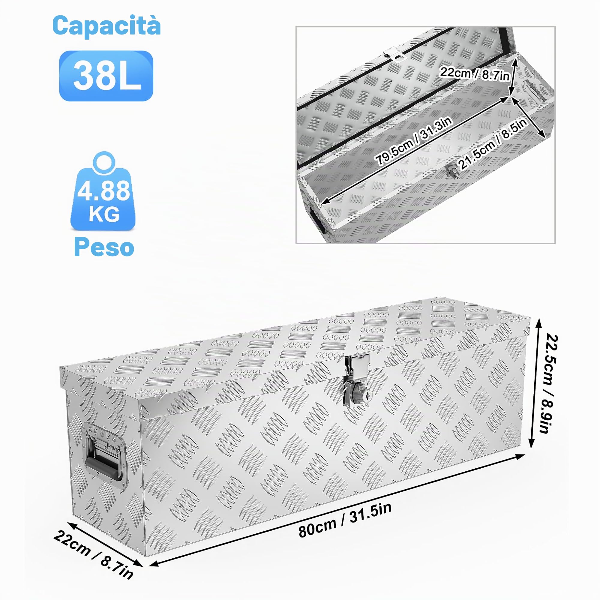 FIVMEN Alubox con coperchio in alluminio, scatola portautensili con serratura e chiavi, maniglia, scatola per il trasporto, 80 x 22 x 23 cm, argento