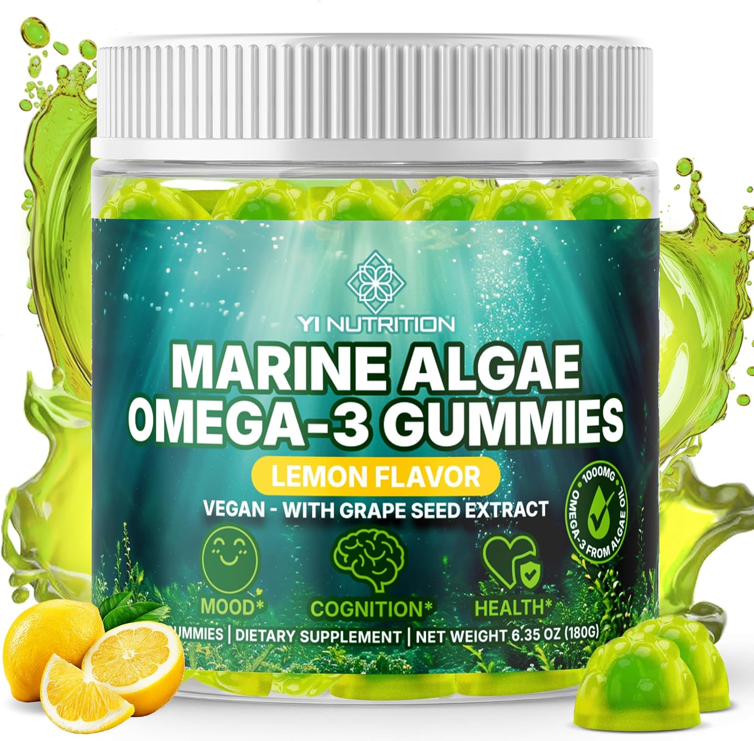 Marine Algae Omega 3 Gummies with 3400mg+ | DHA/EPA/ALA, 20:1 Grape Seed Extract, Vitamin C & Folate | Heart, Brain & Skin | Plant-Based, Sugar-Free, 60 Ct - Image 2