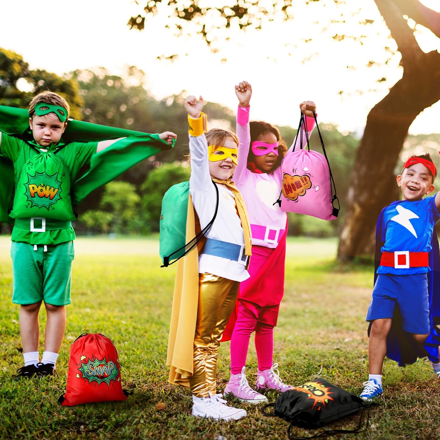 Sadnyy 24 Pcs Hero Party Favors Bags Gifts for Birthday Party Decoration Supplies Comic Heroes Drawstring Backpacks Colorful Boom Wow Pow Goody Candy Treat Gift Bag Bulk, 12 Designs - Image 6