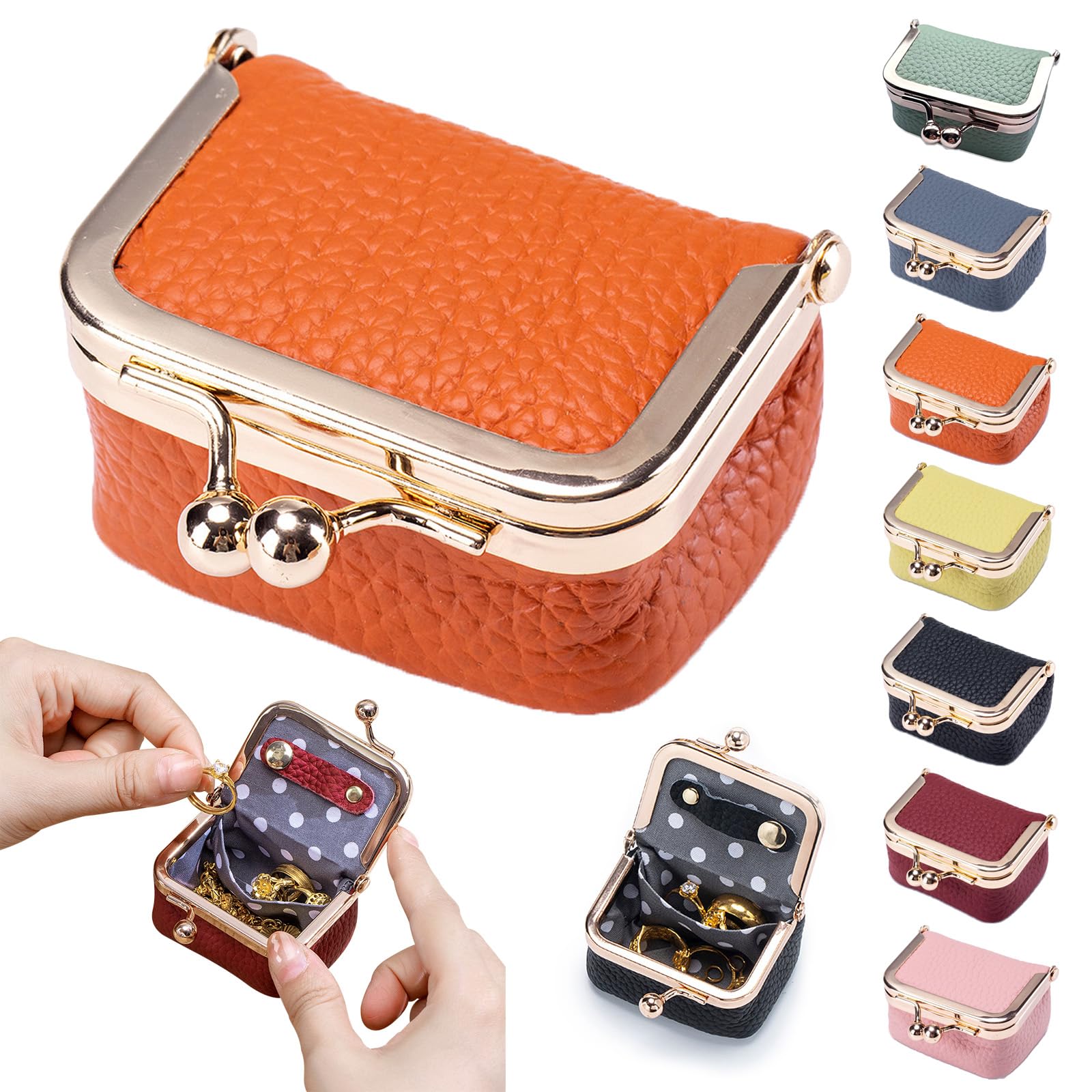Leather Mini Jewelry Box for Women, Portable Vintage Leather Coin Purse, Jewelry Case with Kiss Lock, Mini Travel Ring Box for Earring Ring Necklace (