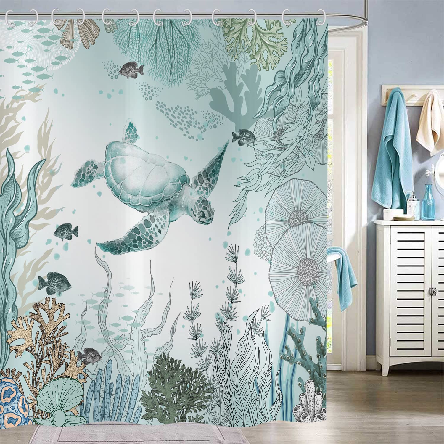 Hnmdmyi Sea Turtle Shower Curtain 90x180, Nautical Coastal Tropical Fish Coral Teal Ocean Themed Underwater Marine Life Bathroom Curtains Waterproof Polyester Fabric Washable Bath Curtains with Hooks — image 1