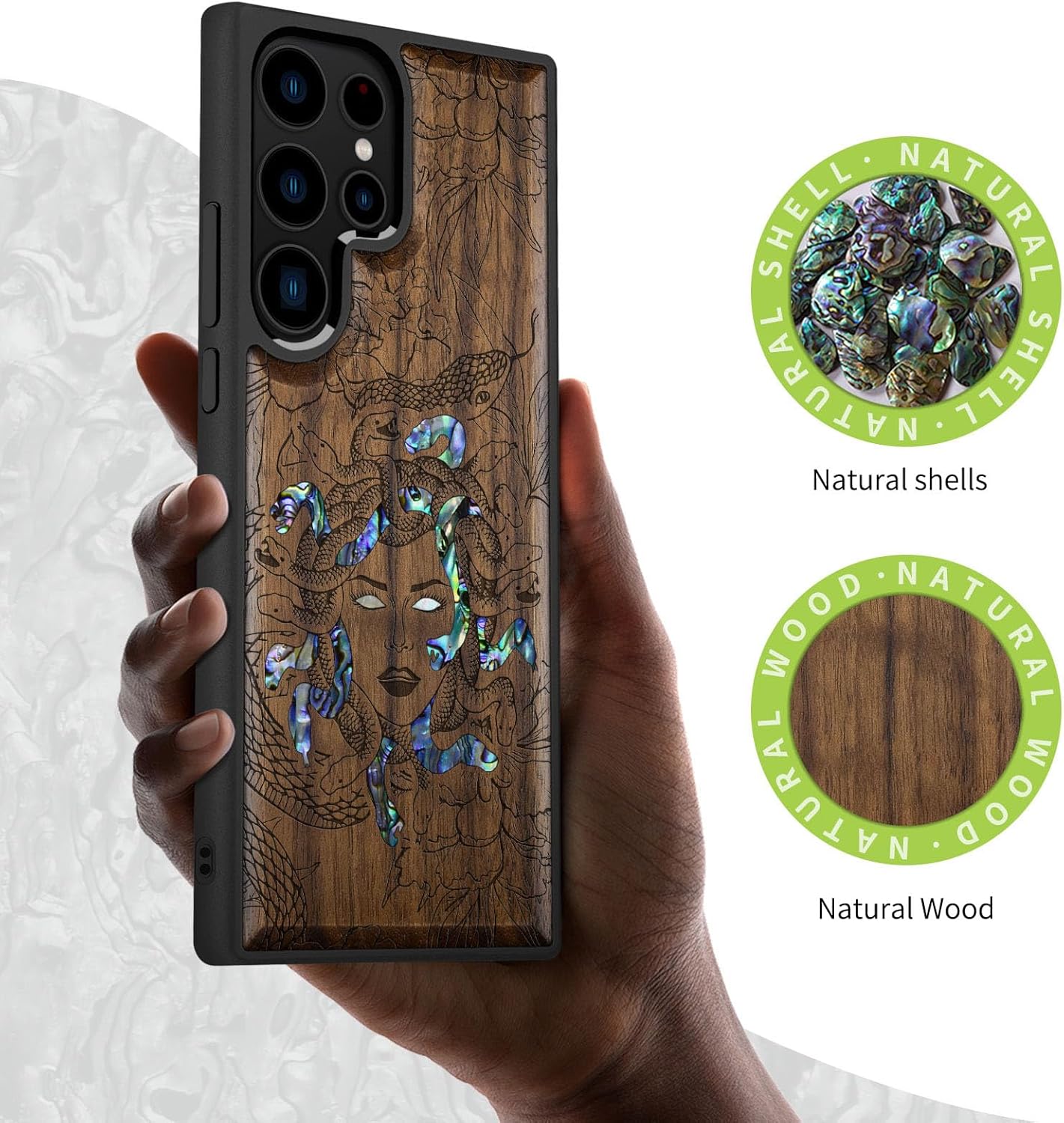 Carveit Designer Wooden Case for Samsung Galaxy S23 Ultra Cover [Wood Engraving & Shell Inlay] Compatible with Wireless Chargers S23 Ultra Case (The Medusa Enigma-Walnut)
