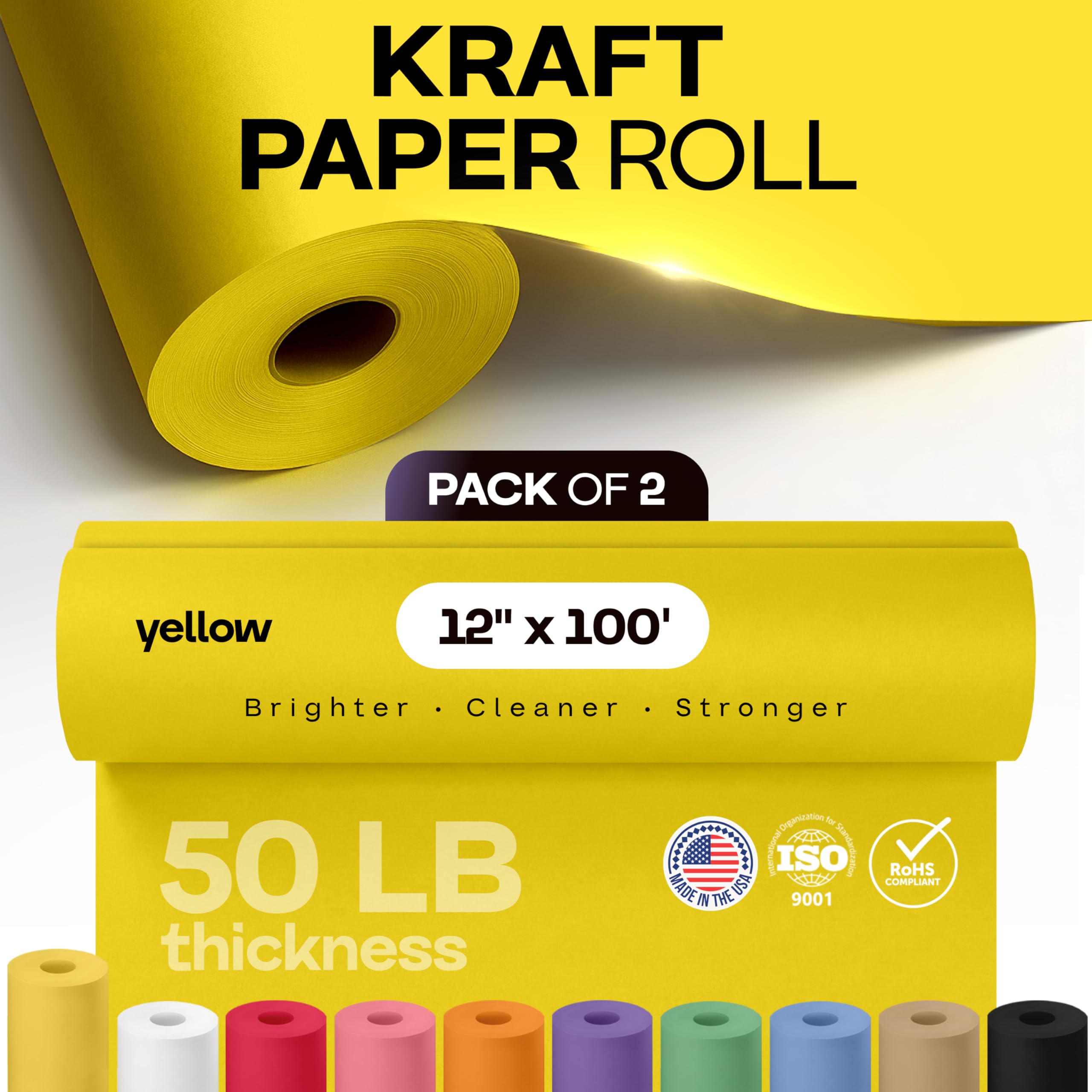 Lot de 2 rouleaux de papier kraft jaune de 30,5 x 3048 cm – Fabriqué aux États-Unis pour emballage cadeau, loisirs créatifs pour enfants, projets scolaires – 100 % recyclé, matériau naturel de 22,7 kg