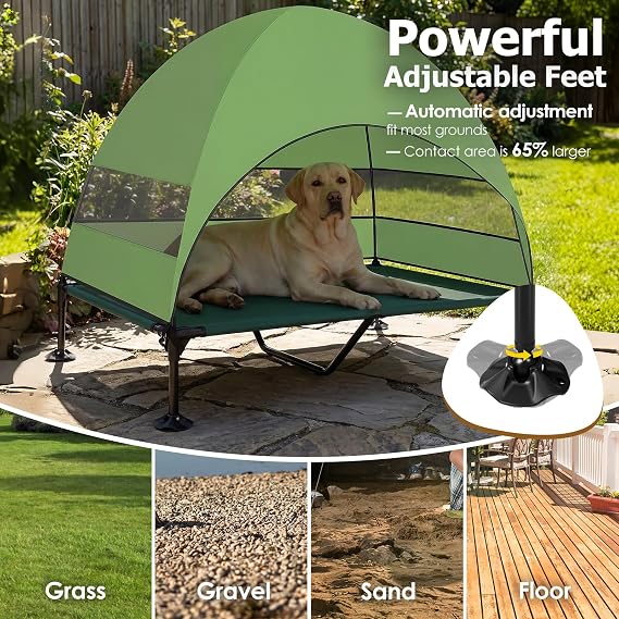 Elevated Dog Bed with UV-Proof Canopy, Raised Outdoor Dog Tent with Powerful Anti-Slip Feet, Portable Pet Cot with Wider Shade, Raised Cooling Bed for Camping, Backyard, Beach (Green, XL)