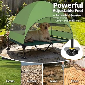 Elevated Dog Bed with UV-Proof Canopy, Raised Outdoor Dog Tent with Powerful Anti-Slip Feet, Portable Pet Cot with Wider Shade, Raised Cooling Bed for Camping, Backyard, Beach (Green, XL)