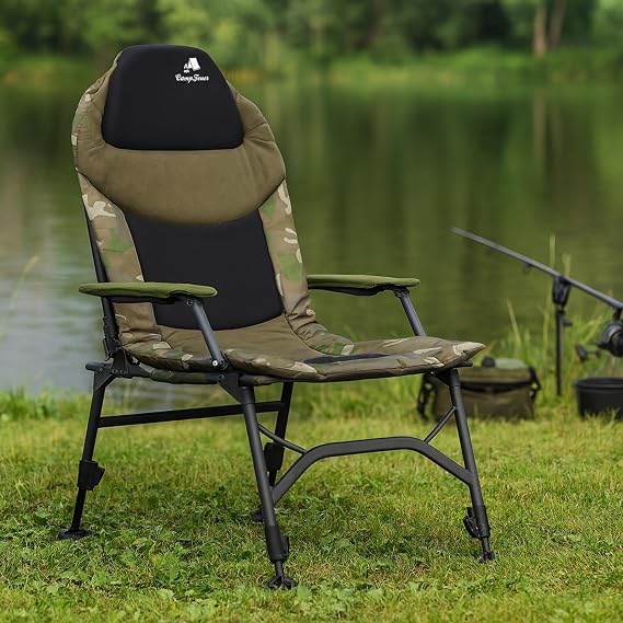CampFeuer Camouflage Fishing Chair Olive Green Height-Adjustable Camping Chair Foldable Carp Chair Outdoor Travel Chair for Camping Camping Fishing Folding Fishing Chair Carp Chair Fishing Lounger
