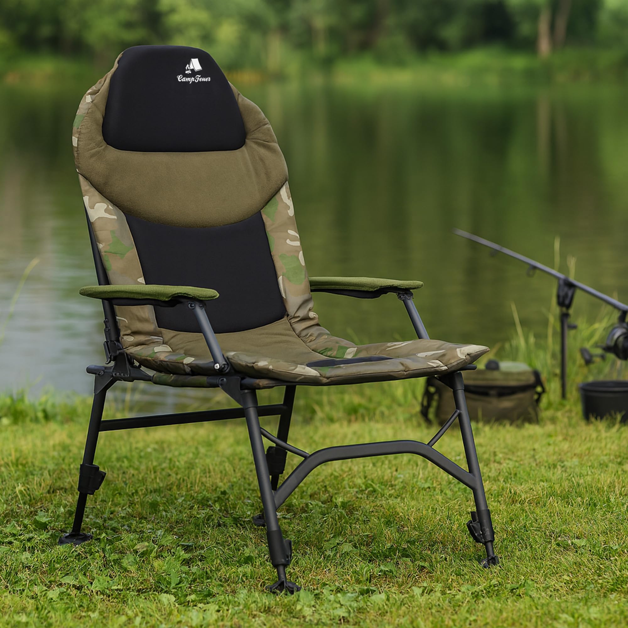 CampFeuer Sedia da pesca camouflage verde oliva | Sedia da campeggio regolabile in altezza | Sedia da carpa pieghevole | Outdoor Travelchair per campeggio, tenda, pesca