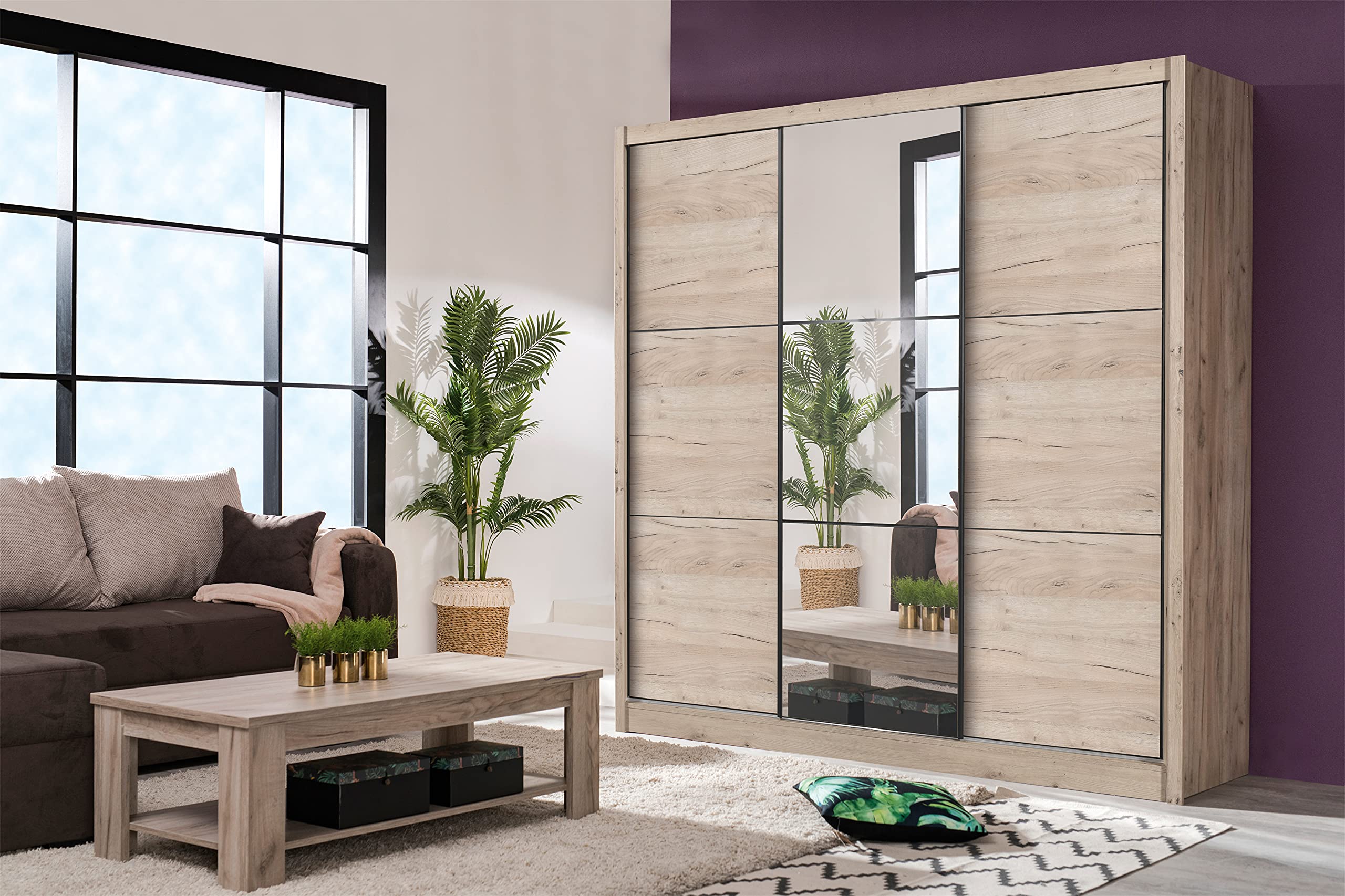 Arredo Stock Armadio guardaroba 3 ante scorrevoli una con specchio, struttura quercia, 242x60x215 cm