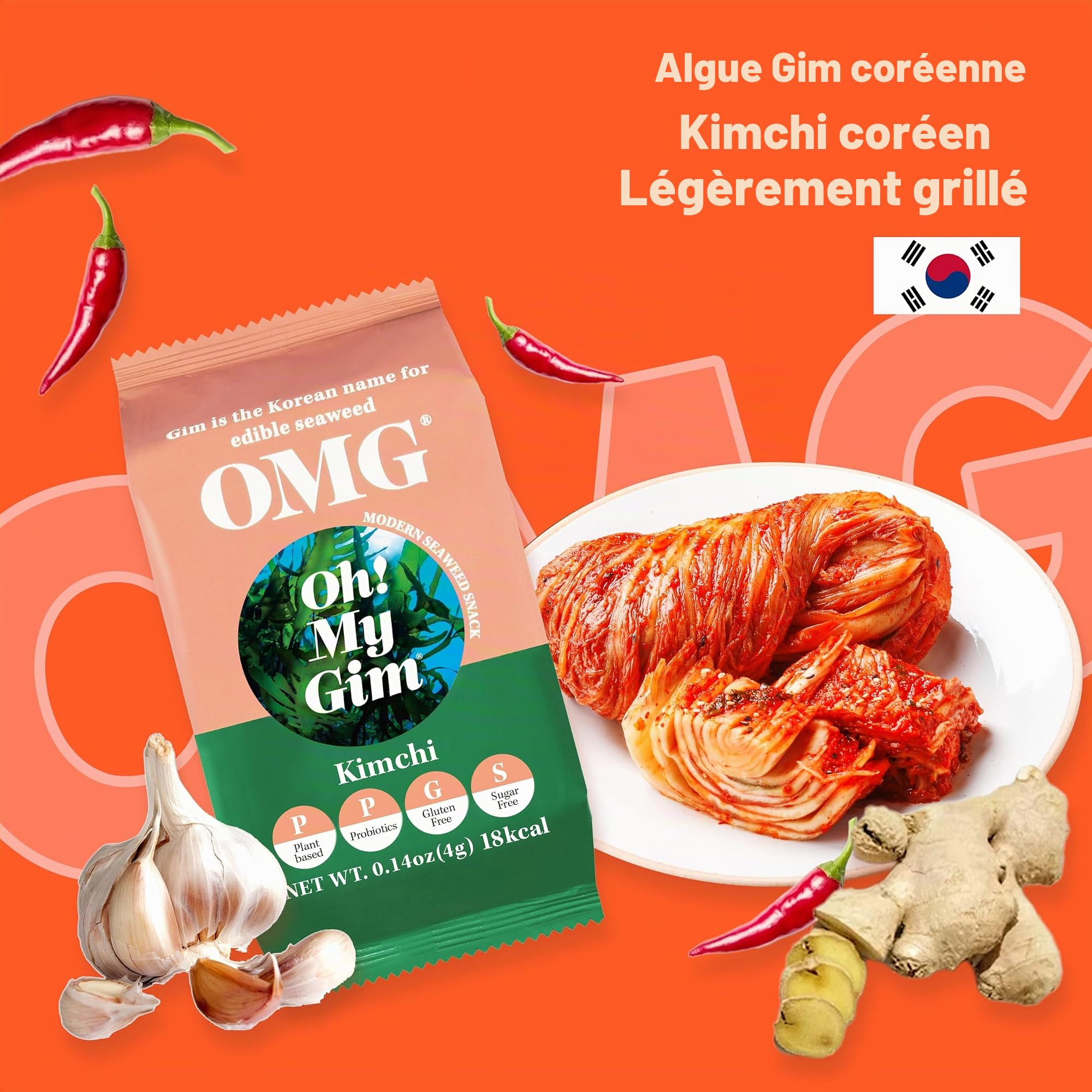 Oh! My Gim – Snack aux algues coréennes – Saveur Kimchi, Léger & croustillant – Encas original – 16 pack