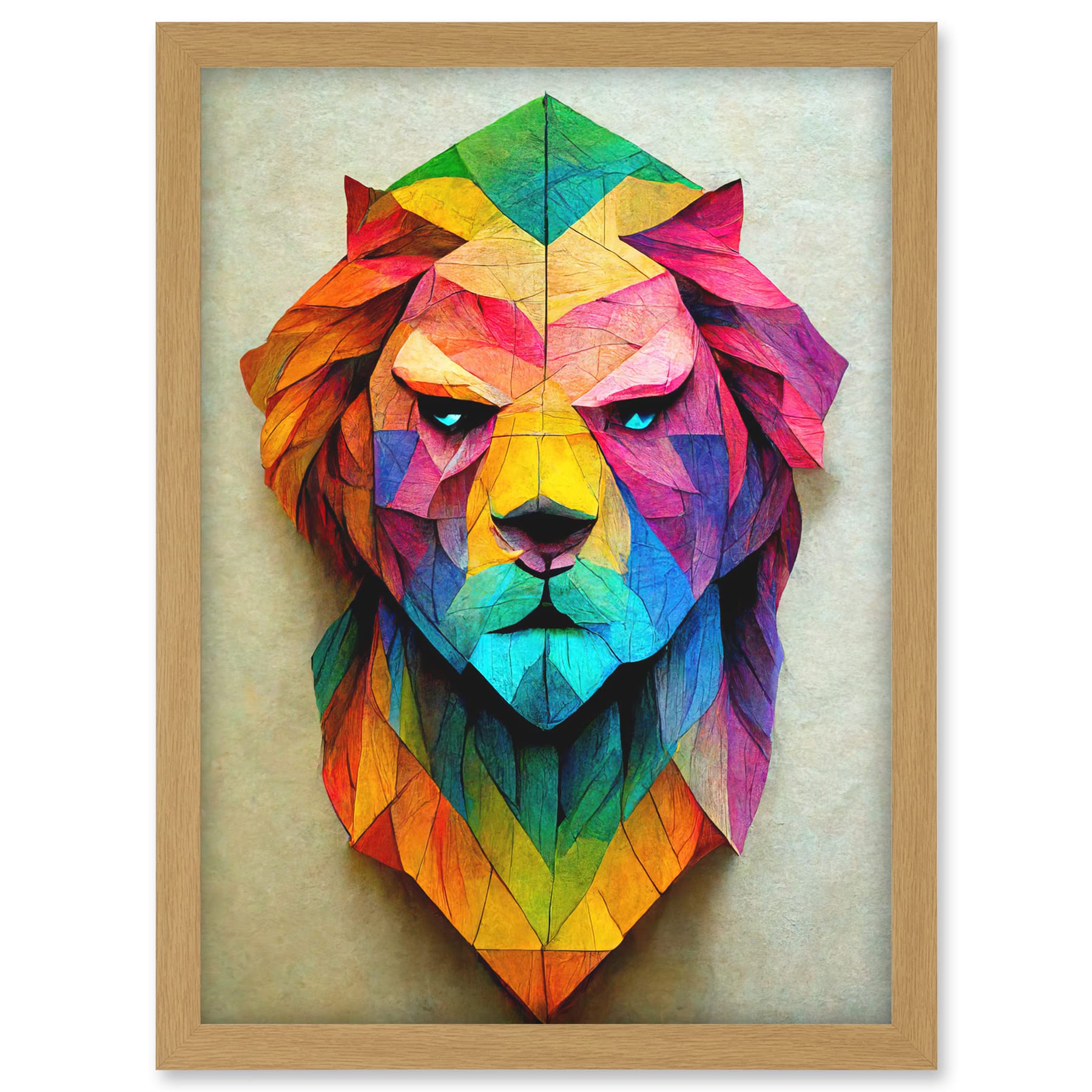 Doppelganger33 LTD Vibrant Geometric Lion Head Decoupage Artwork Framed A3 Wall Art Print