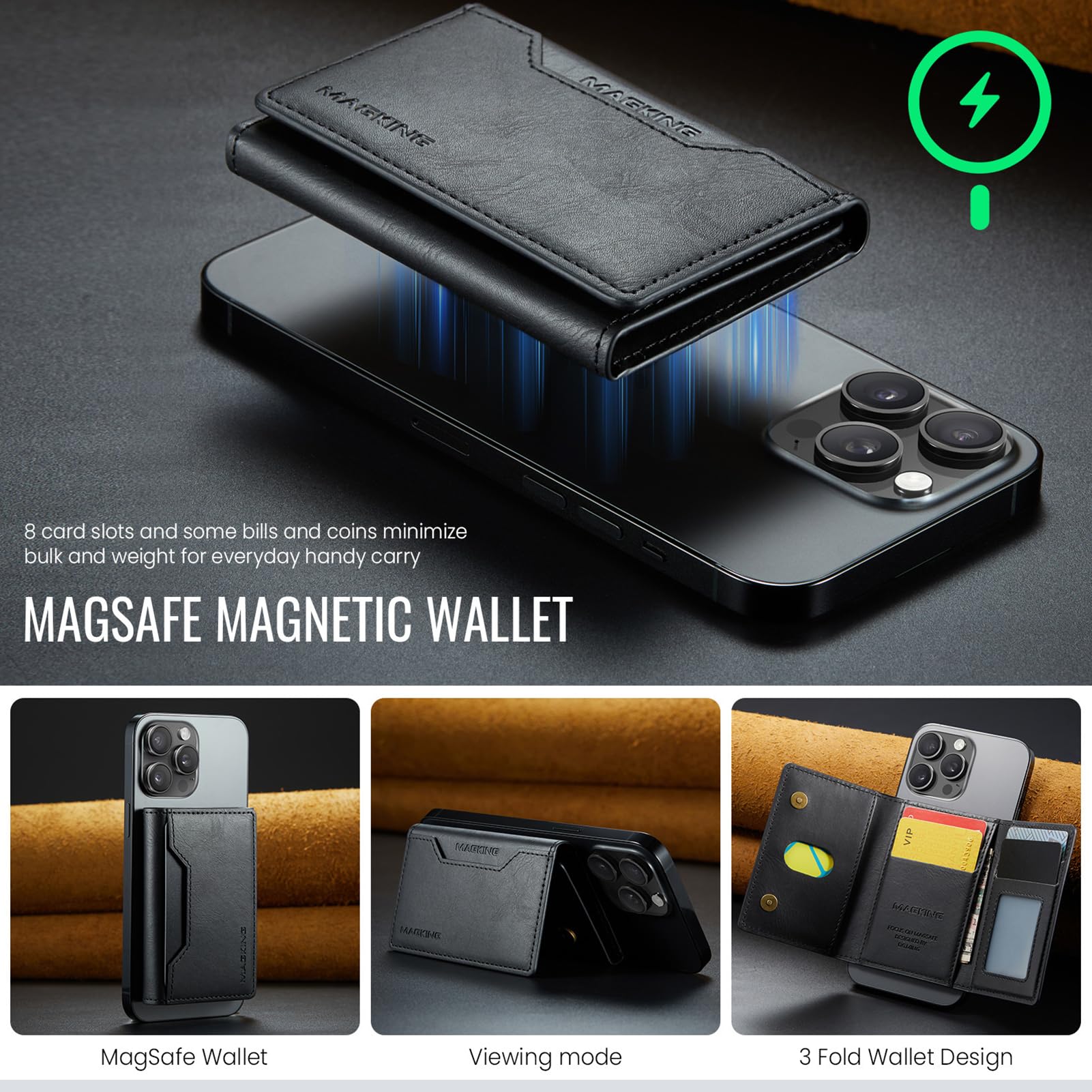 Portefeuille Cuir PU RFID 8 Cartes pour iPhone 17/16/15/14/13/12 Marron
