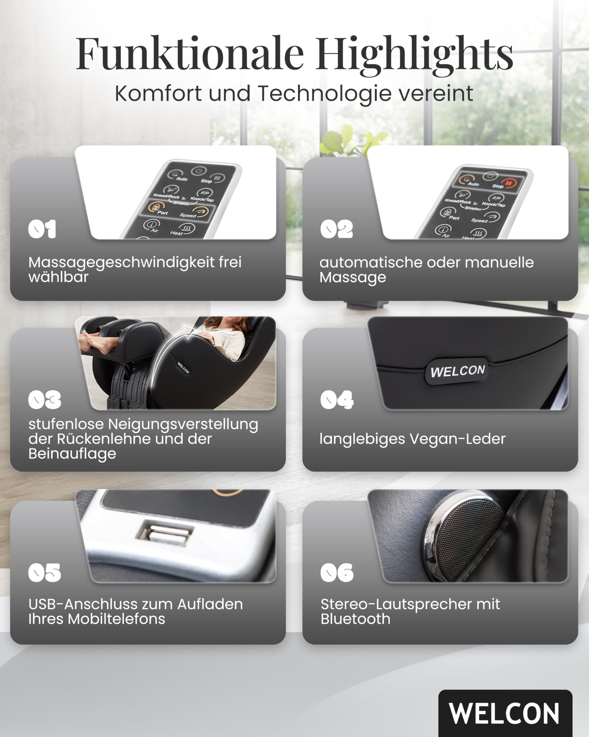 WELCON EASYRELAXX Massagesessel Schwarz mit L-Shape, Knet- & Klopfmassage