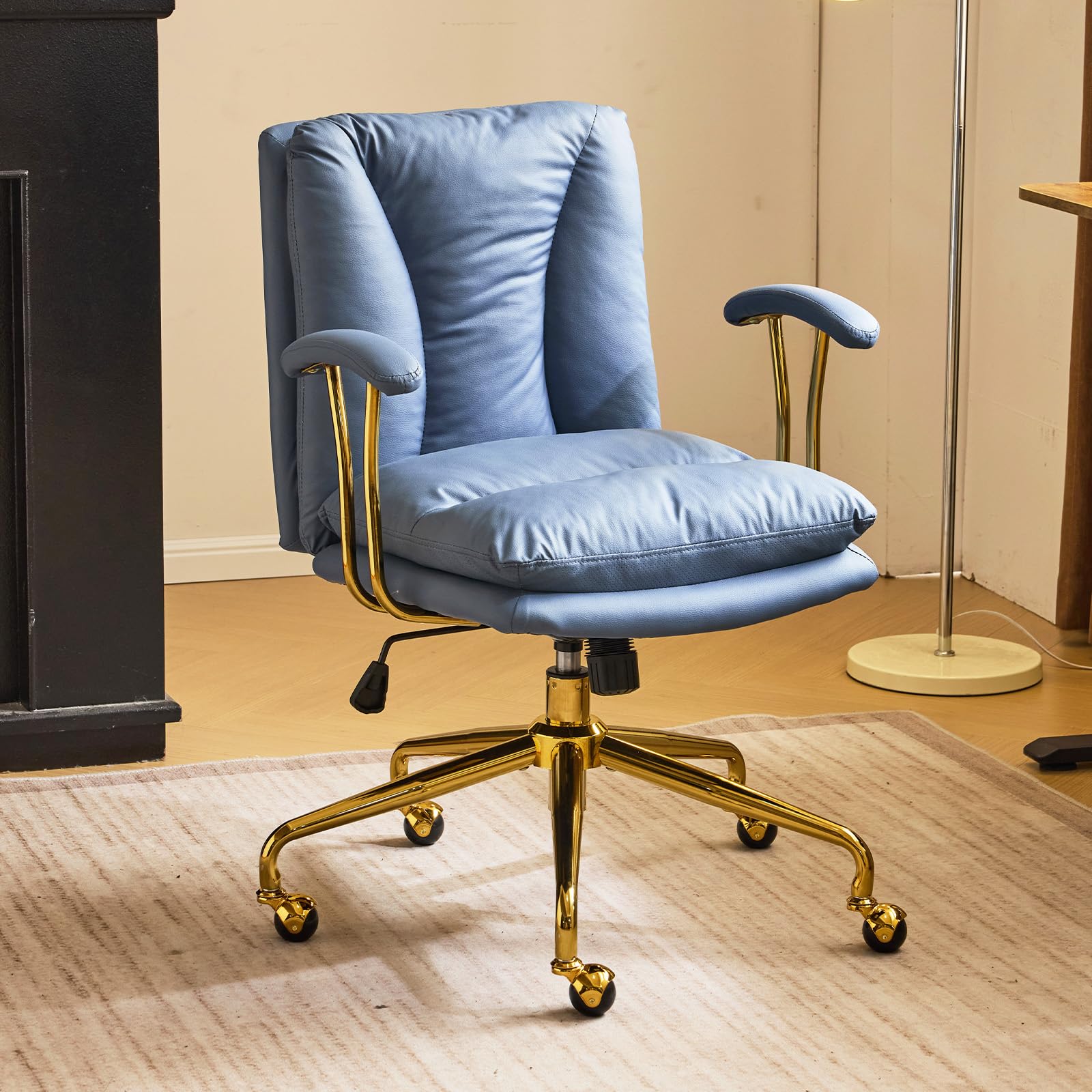 Bonnlo Home Office Desk Chair Comfy with Wheels & Removable Armrests,Gold Base Vanity Chair with Back,Adjustable Rolling Swivel Computer Task Chair for Study,Makeup,Office,Cat Scratch PU,Navy Blue