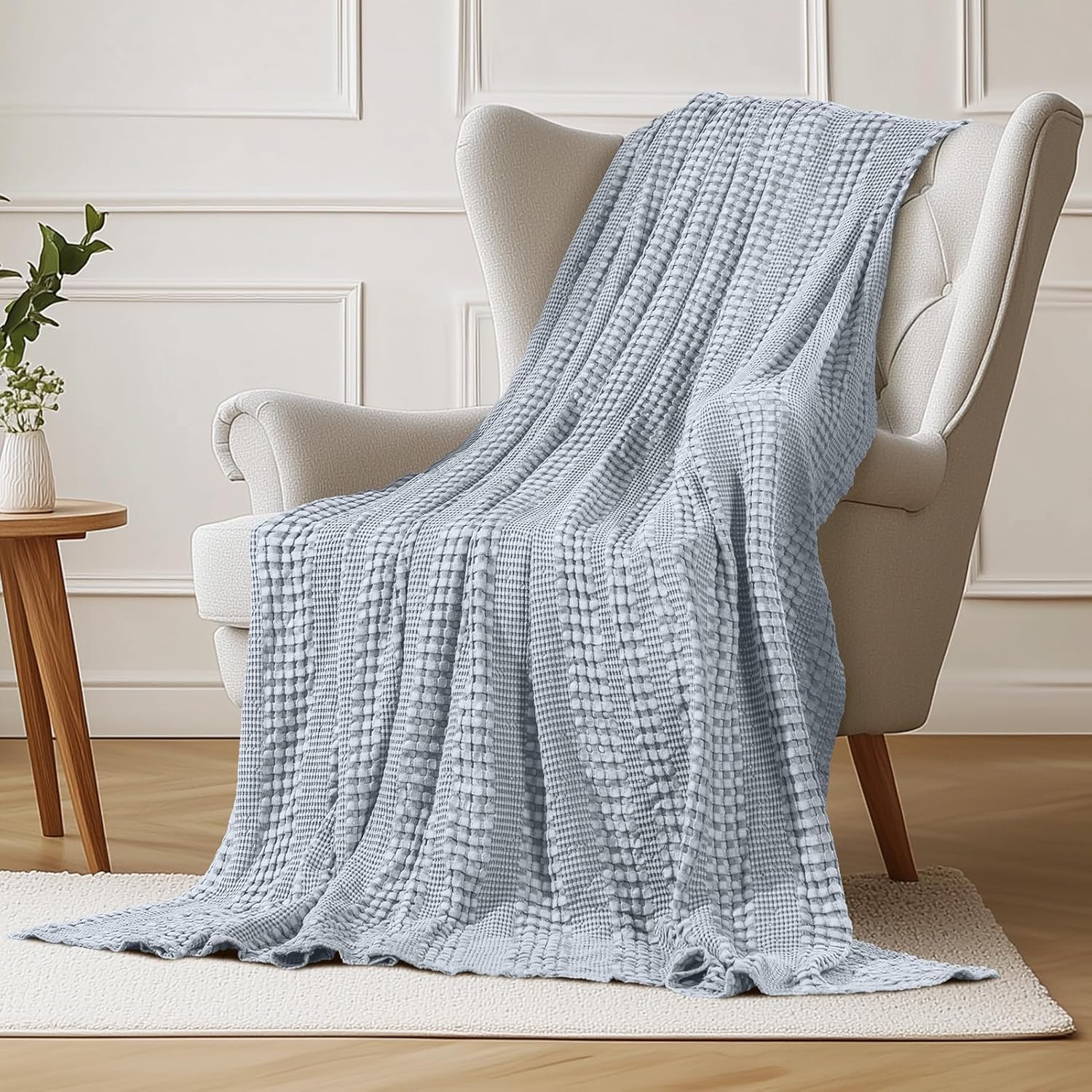 Cooling Waffle Weave Blanket Twin Size for Bed Sofa - Soft Lightweight Bed Blankets of 50% Rayon Derived from Bamboo for Hot Sleepers, Breathable Throw for Summer, Light Blue, 60"x80" - Image 9