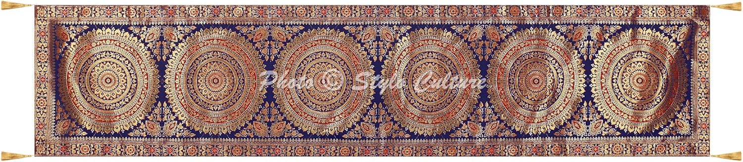 Indian Decorative Living Room Tablecloth for Rectangle Table Dark Blue Gold Large Party Decor Round Mandala 68 Inch Long Brocade Jacquard Tassel Work Table Runner (68 x 16 Inch)