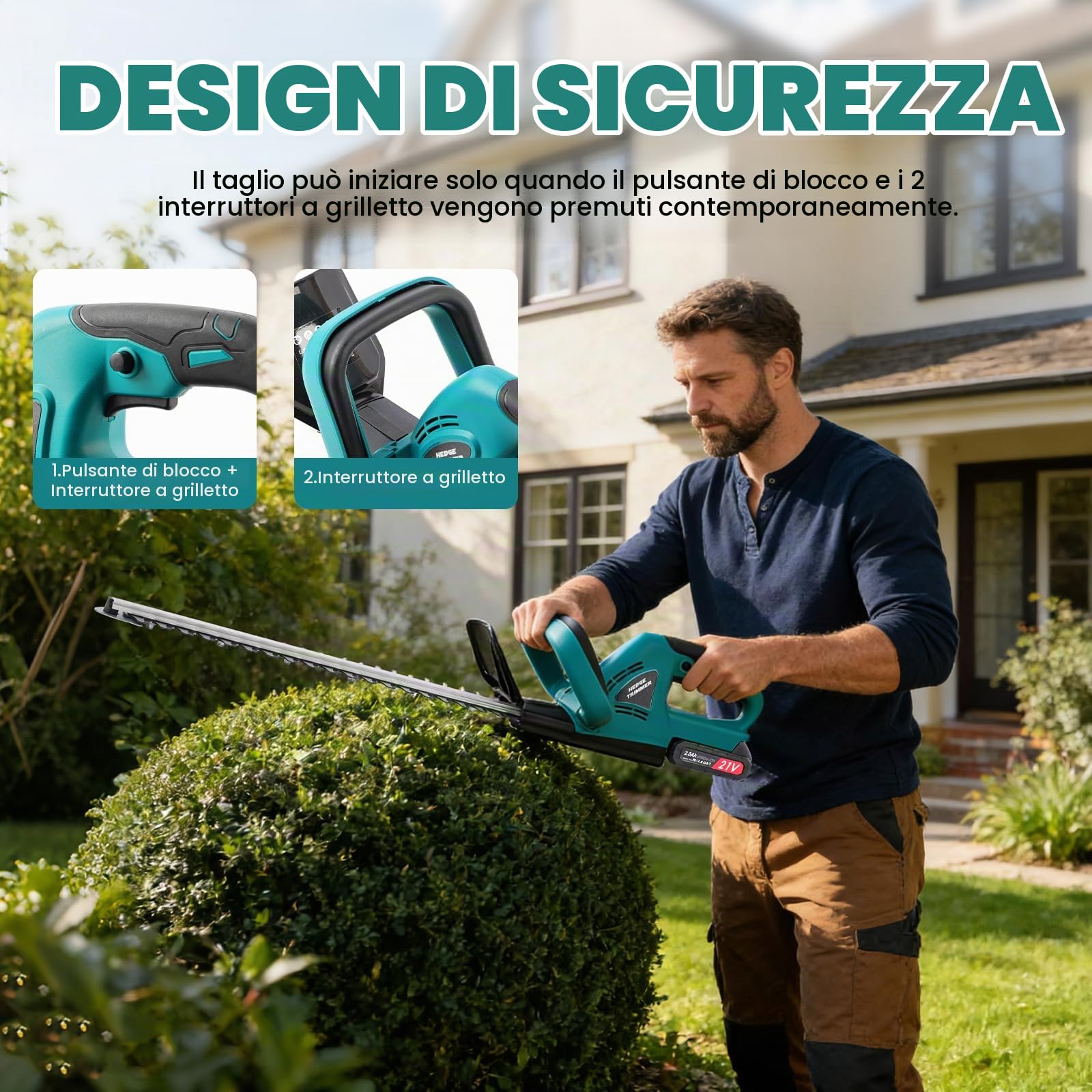 Tagliasiepi a batteria 21V con 2 batterie 2000mAh, lama 51 cm | Taglia Siepi da Giardino a Batteria alimentazione per una potatura efficiente di siepi, cespugli e aree verdi