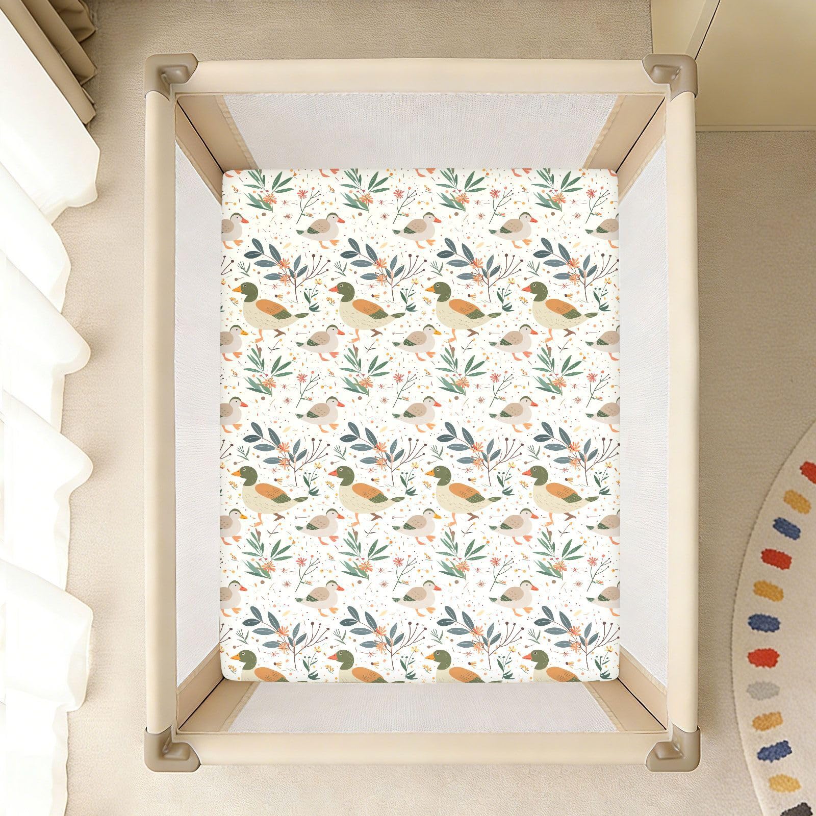 Juego de sábanas para cuna de bebé, color crema juguetón y flores, juego de sábanas de algodón para cuna de bebé, cómodas y transpirables para guardería, 1 paquete de juego de sabanas para bebé